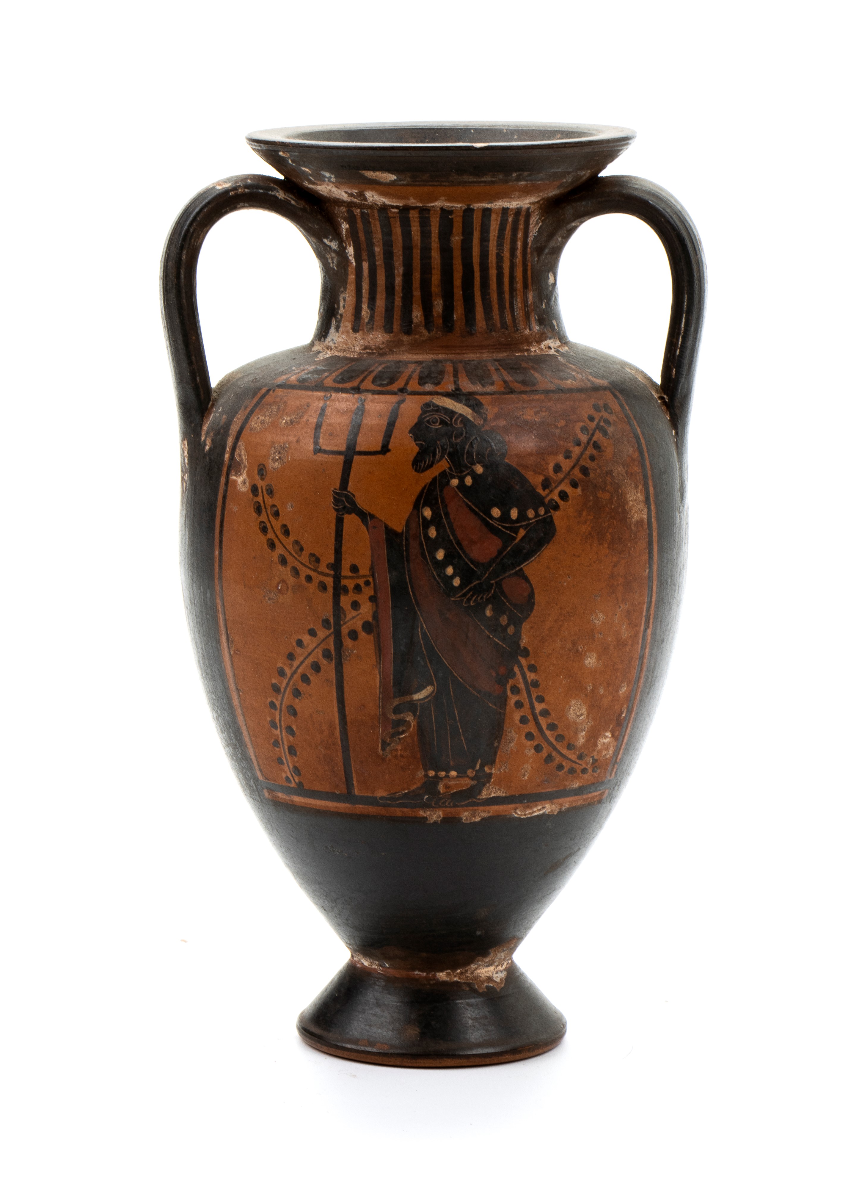 Anfora biansata in ceramica arcaica con figure nere raffiguranti un simposio