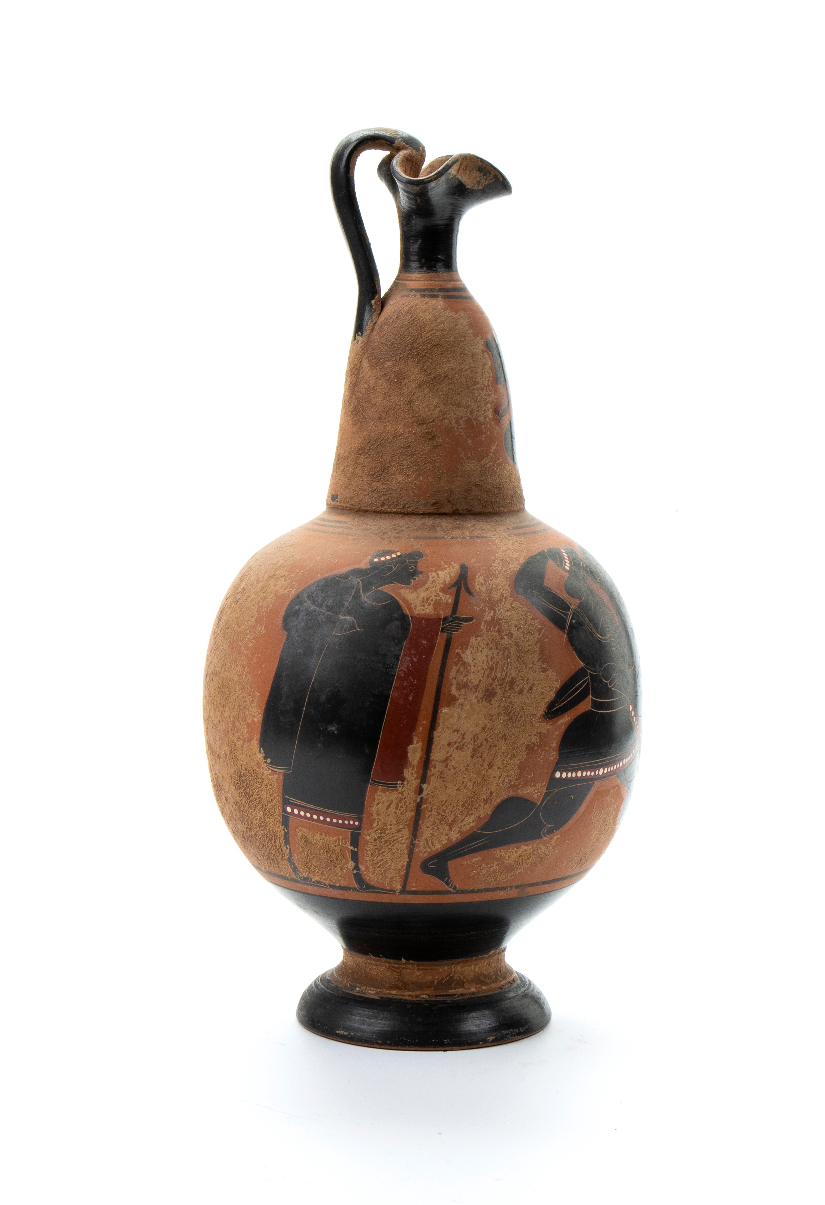 Oinochoe in Ceramica Arcaica a Figure Nere con Teoria di Guerrieri