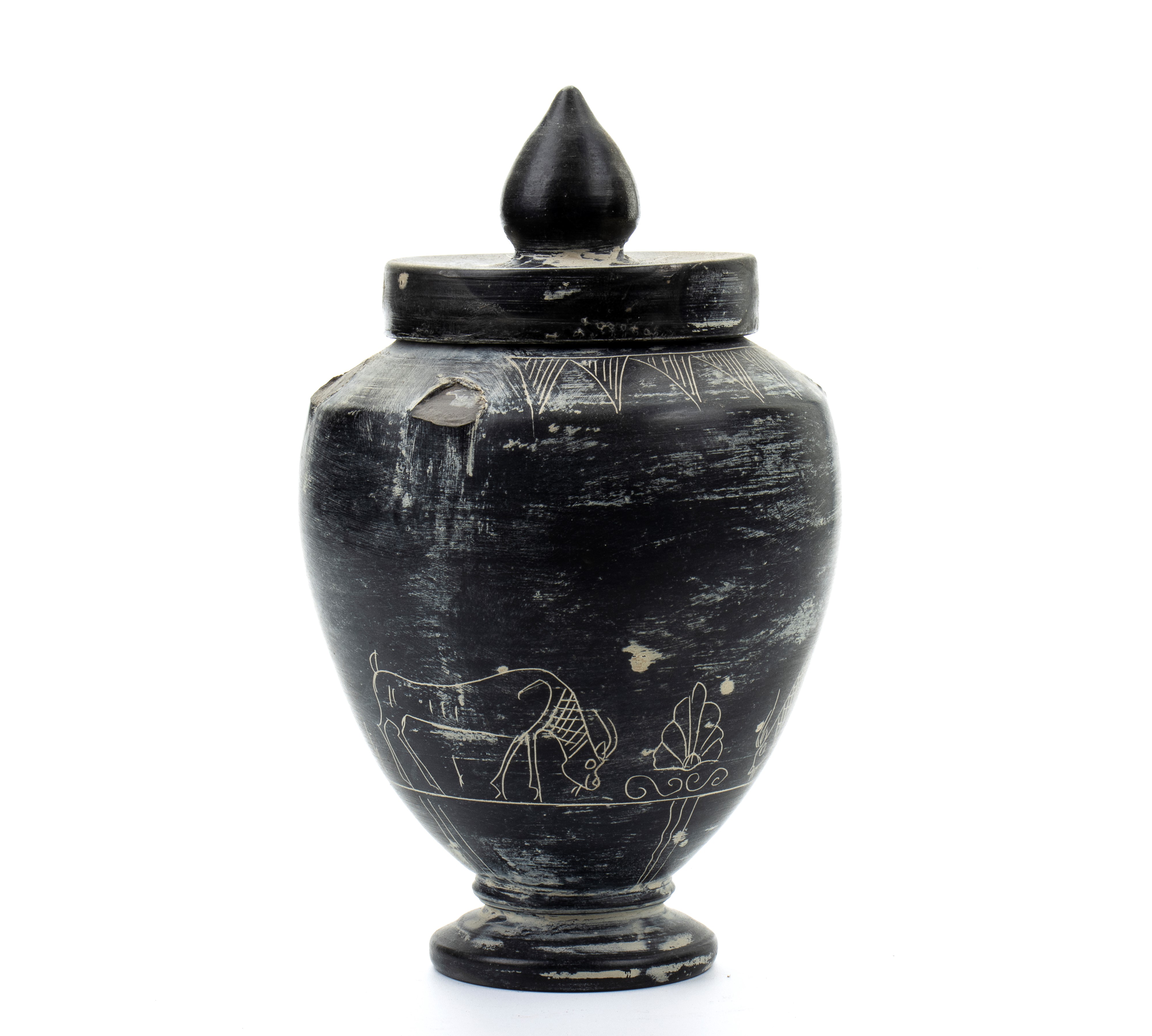 Urna in ceramica buccheroide con decori graffiti zoomorfi