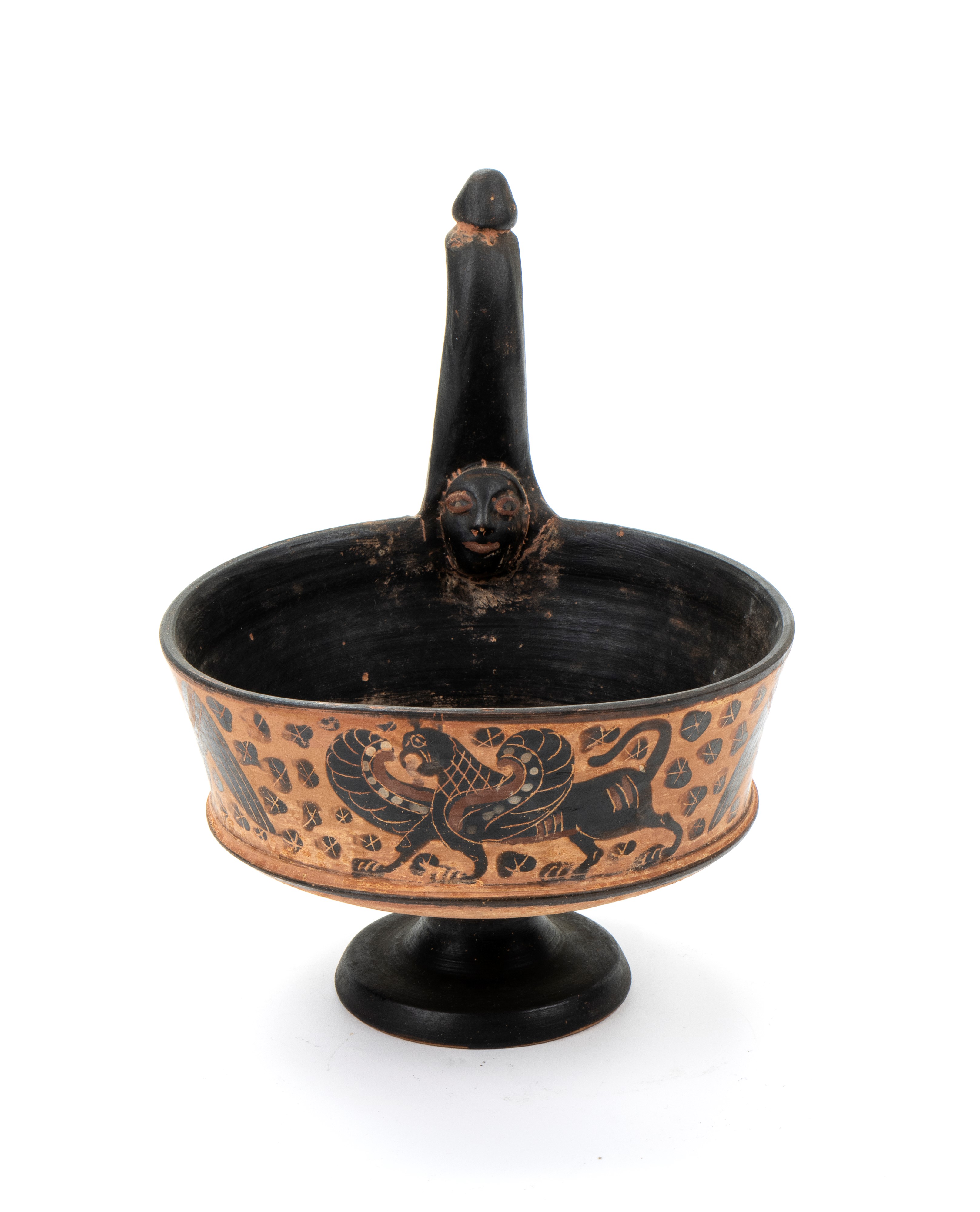 Kantharos in ceramica arcaica a figure nere con Arpie e Grifoni