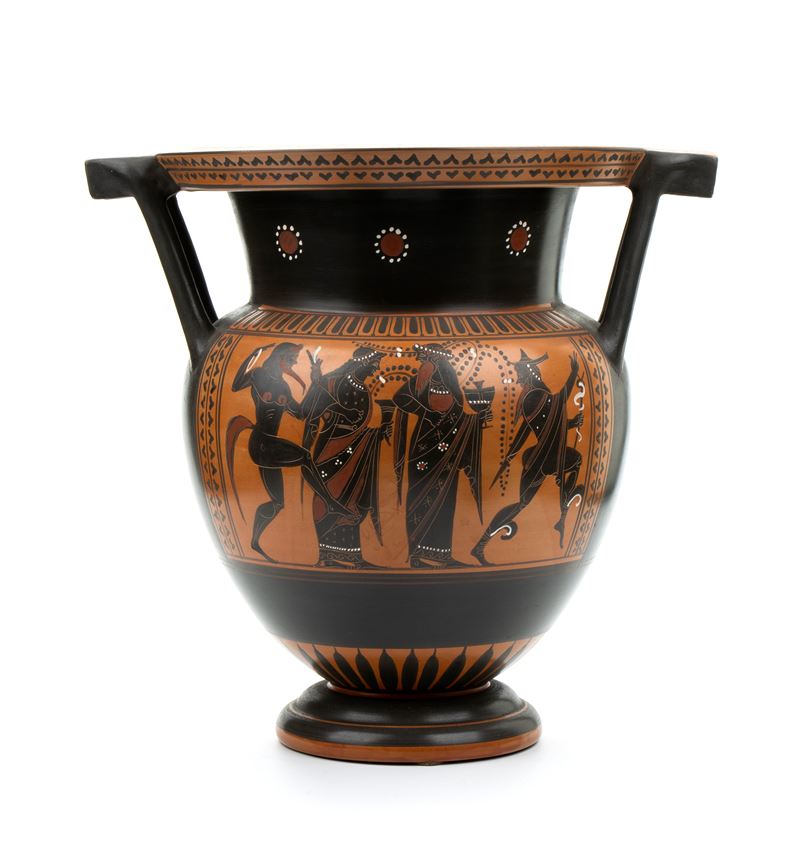 Vaso a cratere biansato in ceramica attica arcaica a figure nere decorato con scena di thiasos ba...