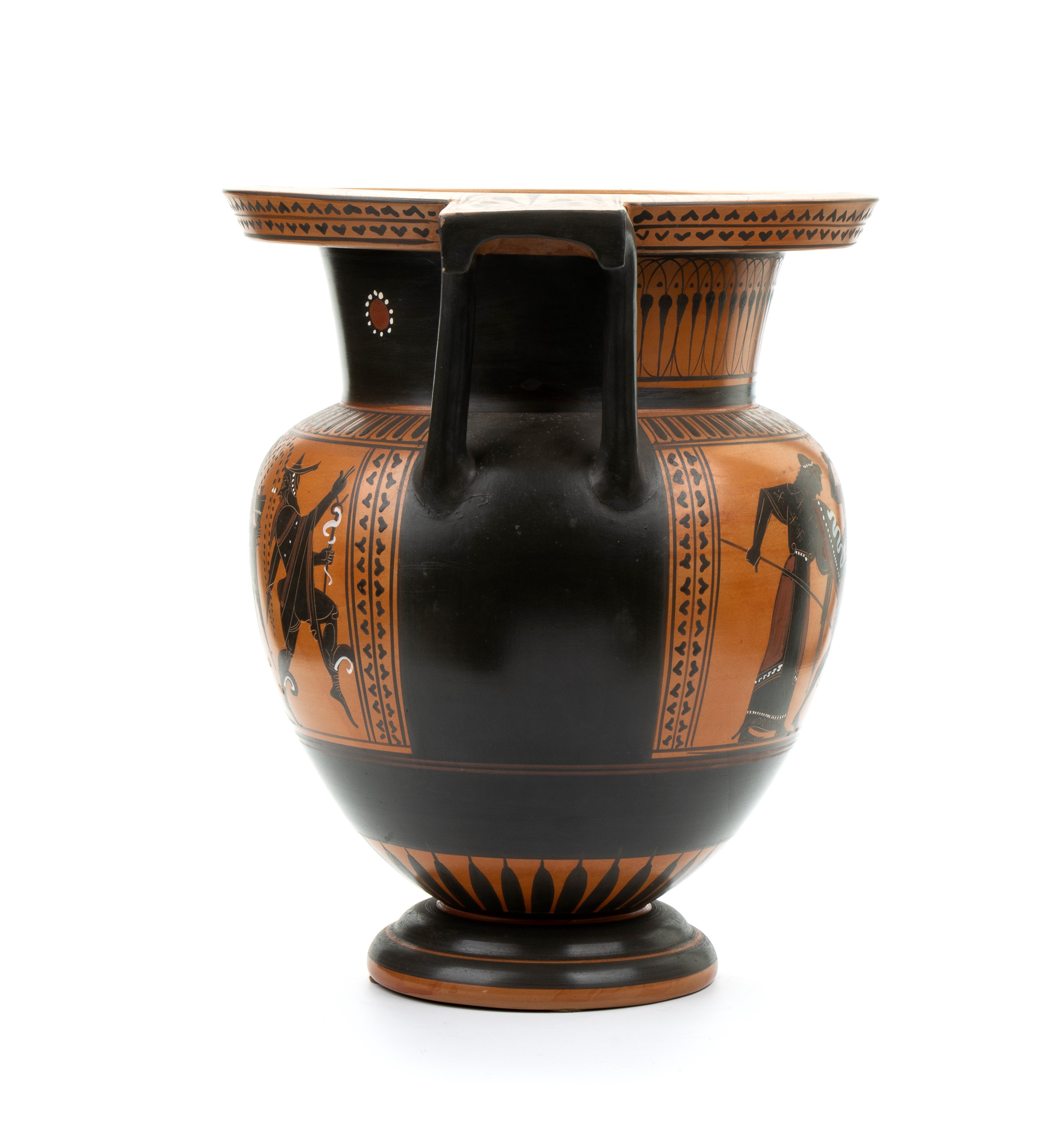 Vaso a cratere biansato in ceramica attica arcaica a figure nere decorato con scena di thiasos ba...