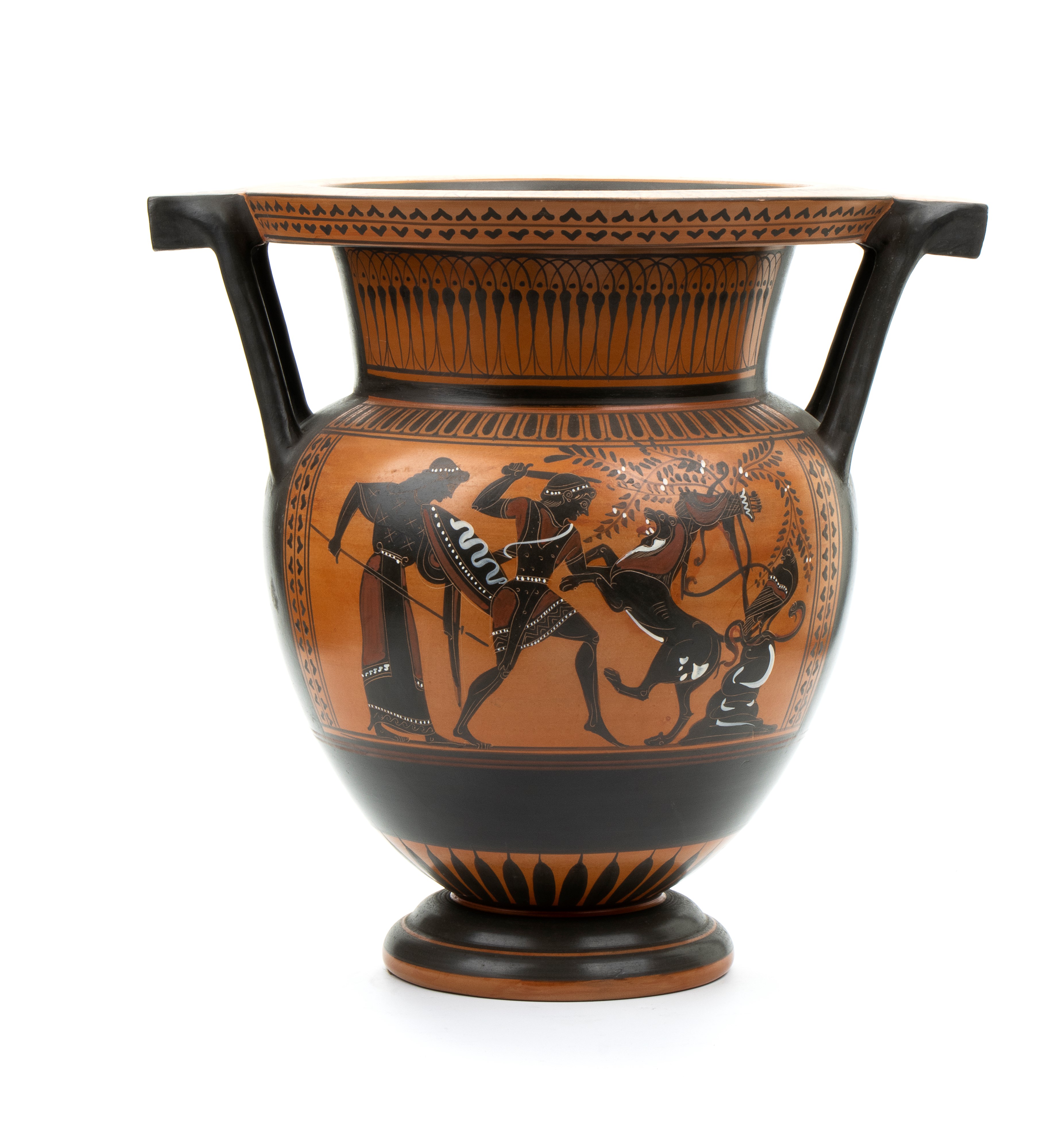 Vaso a cratere biansato in ceramica attica arcaica a figure nere decorato con scena di thiasos ba...
