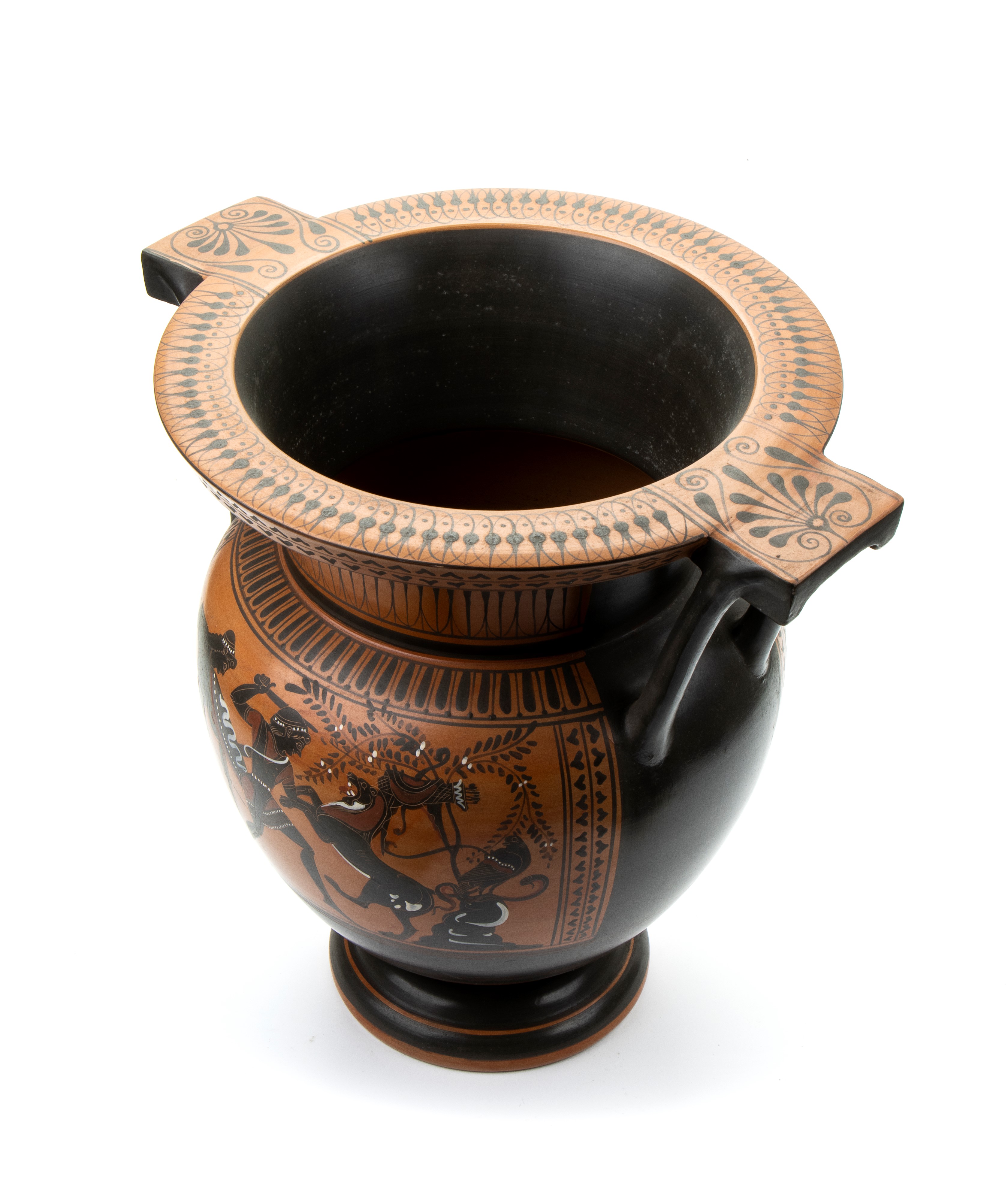 Vaso a cratere biansato in ceramica attica arcaica a figure nere decorato con scena di thiasos ba...