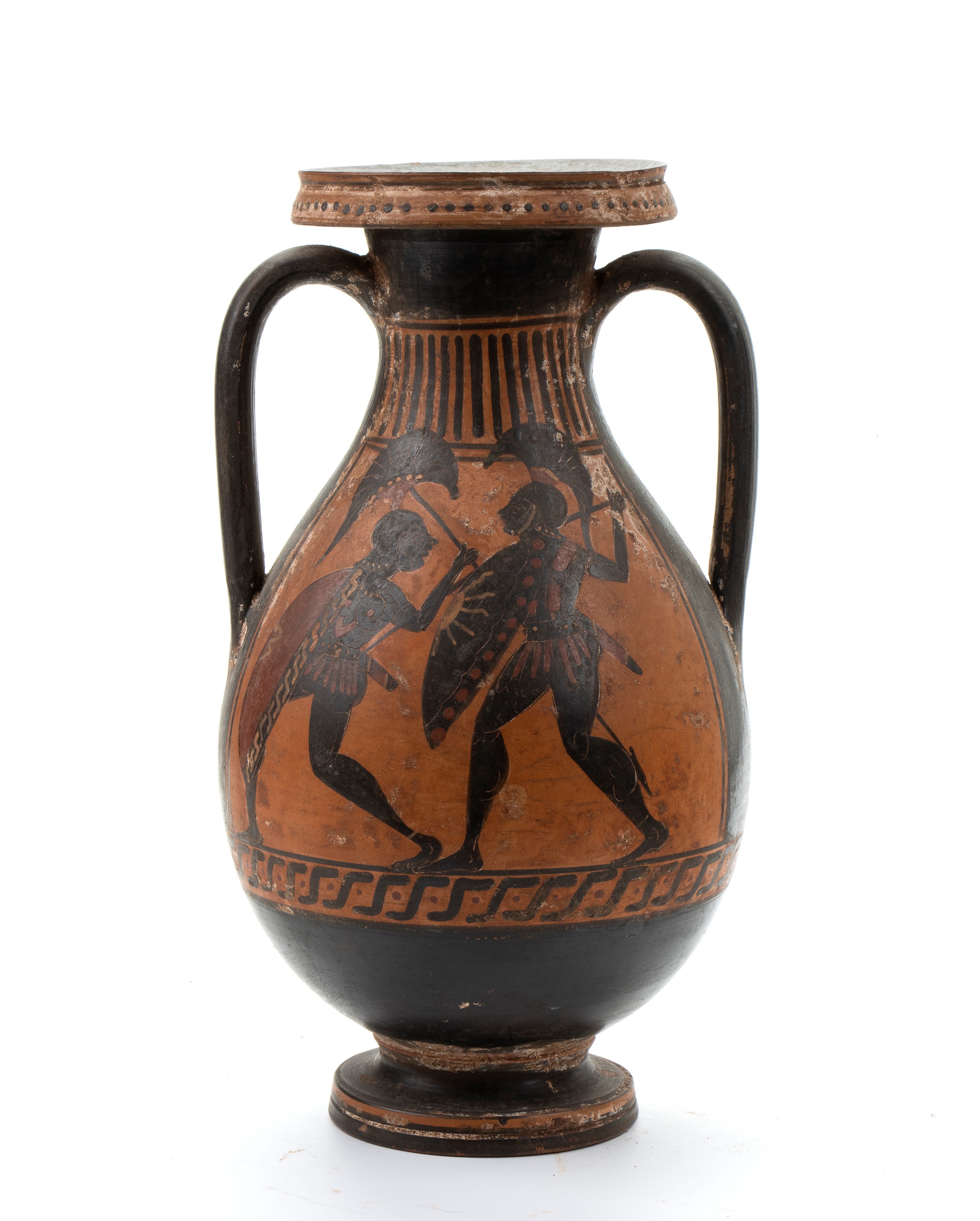 Anfora biansata in ceramica arcaica a figure nere con scena di simposio