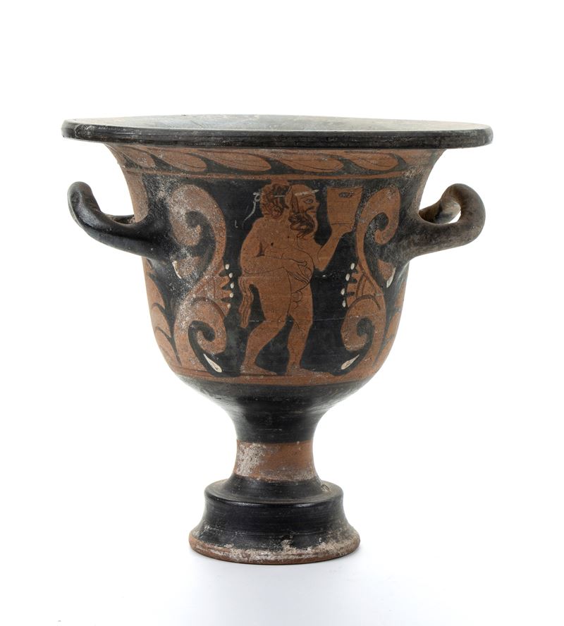 Vaso a cratere biansato in ceramica classica a figure rosse raffigurante danzatrice tra girali di...