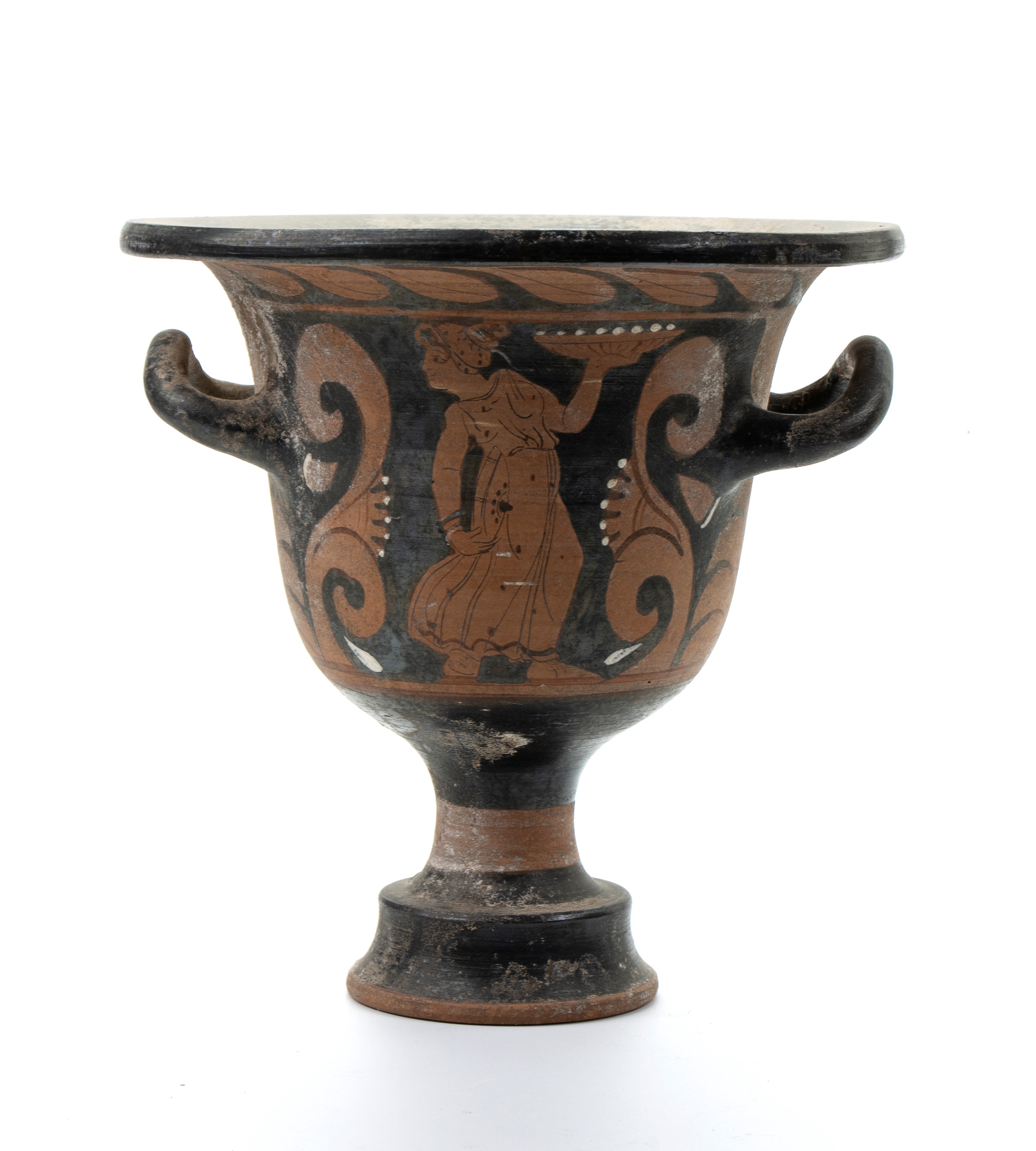 Vaso a cratere biansato in ceramica classica a figure rosse raffigurante danzatrice tra girali di...