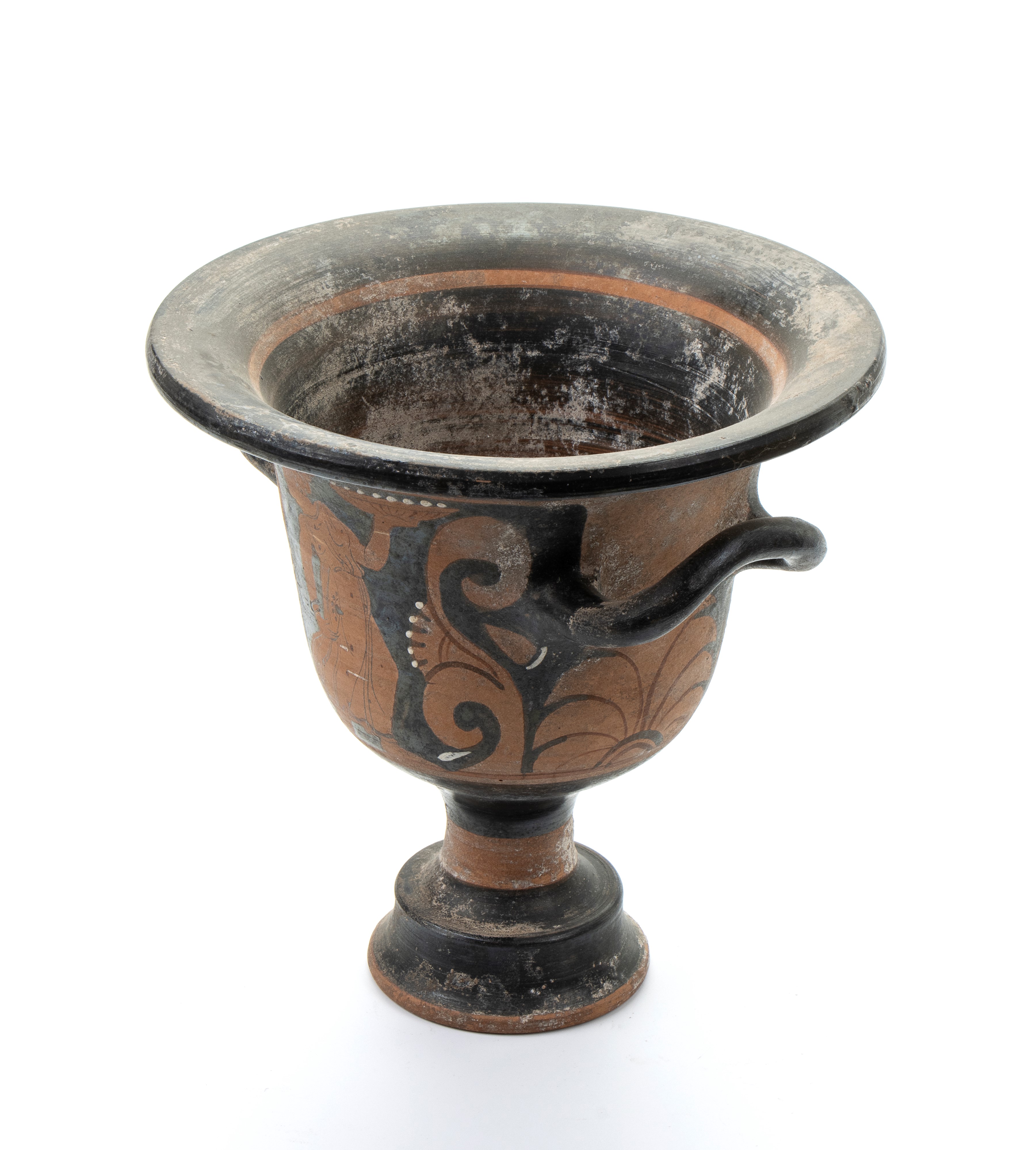Vaso a cratere biansato in ceramica classica a figure rosse raffigurante danzatrice tra girali di...