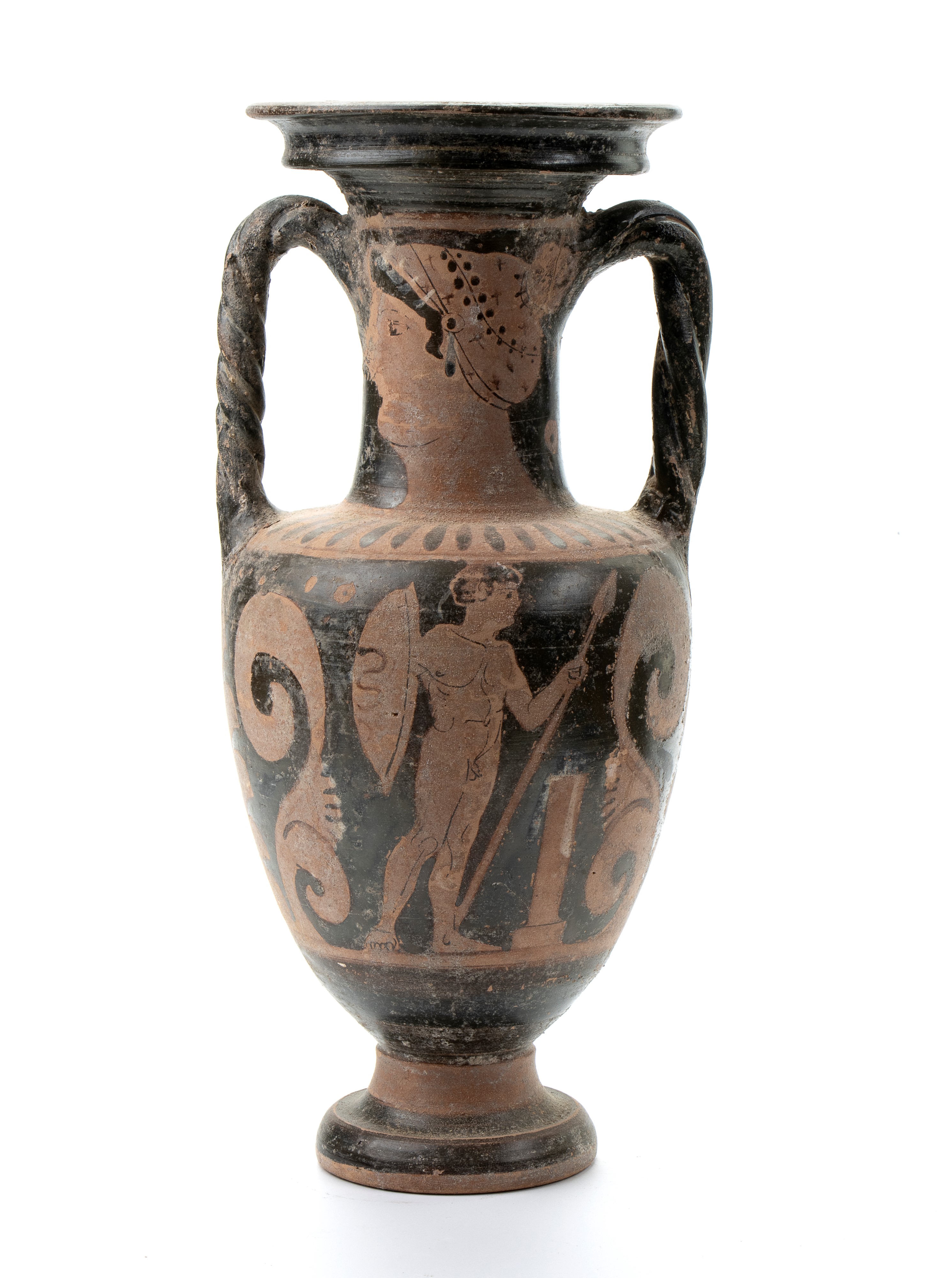 Anfora biansata in ceramica classica a figure rosse decorata con danzatrice tra due girali di aca...