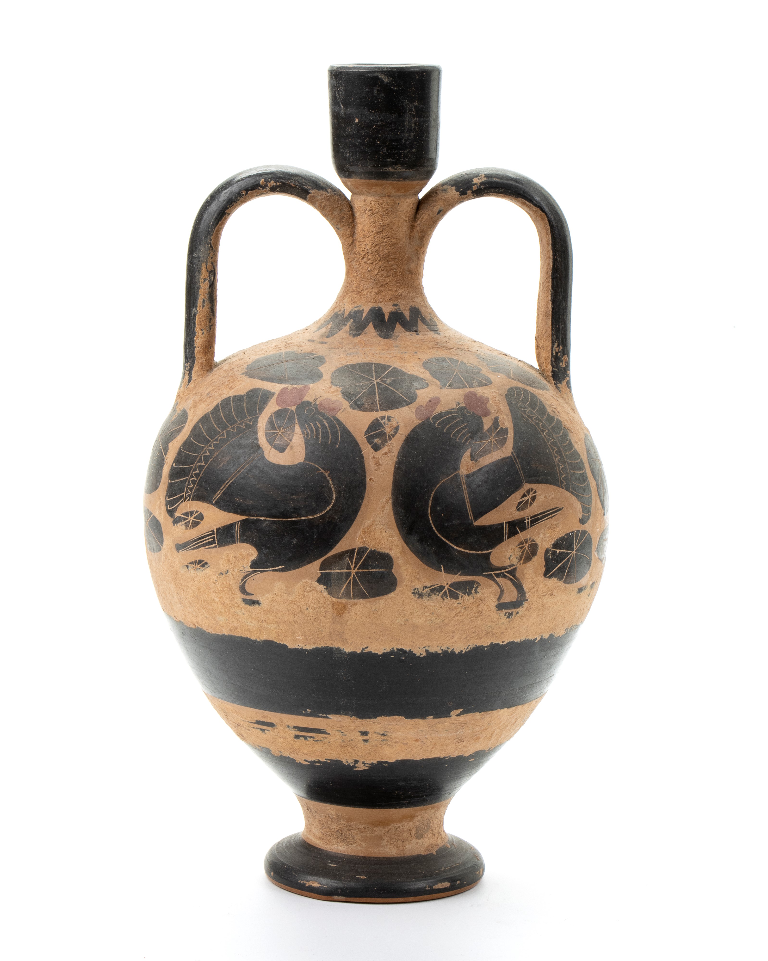 Anforetta biansata in ceramica arcaica con figure nere zoomorfe