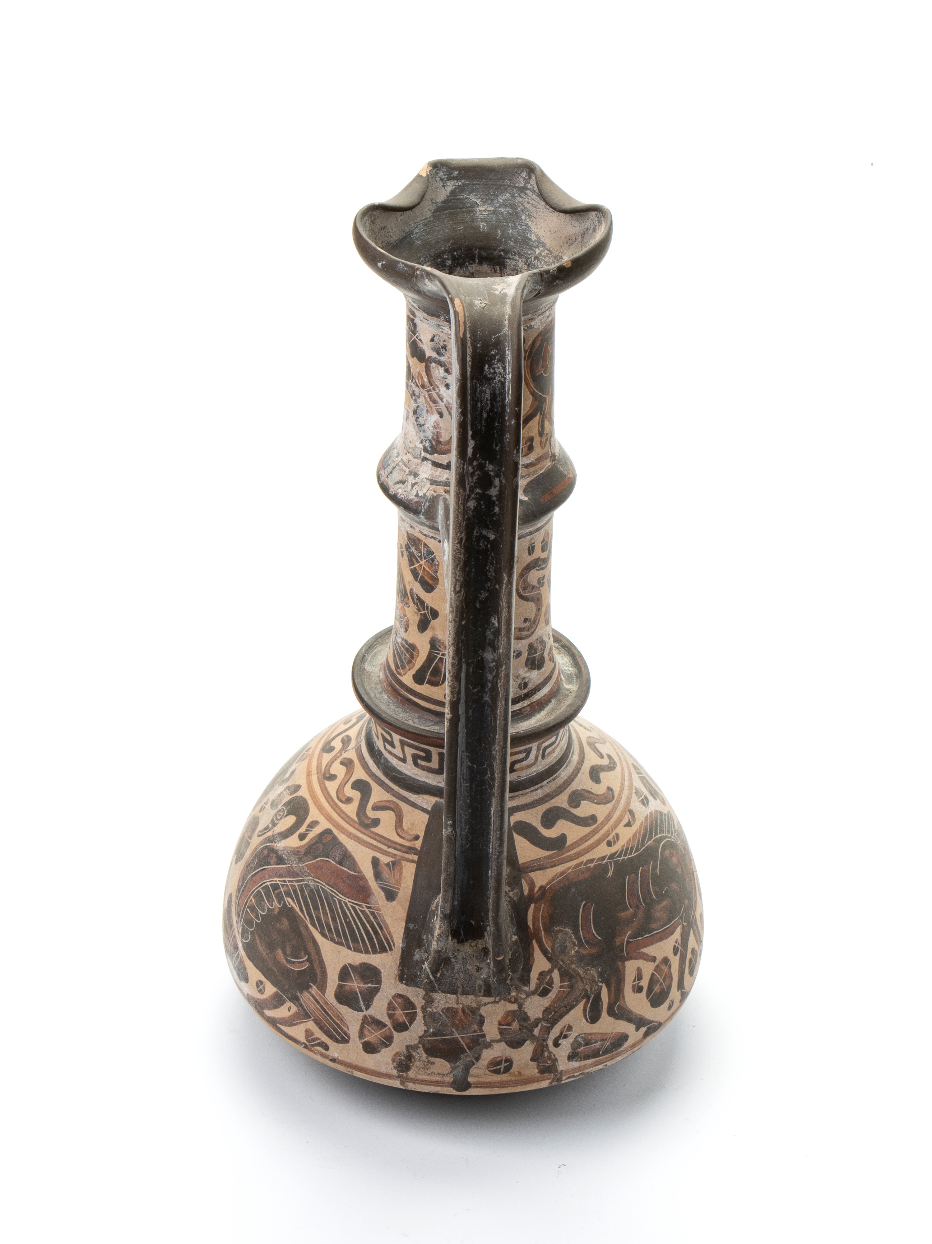 Particolare Anfora in Ceramica Arcaica a Figure Nere con Manico a Doppia Ansa. Decorazioni con An...