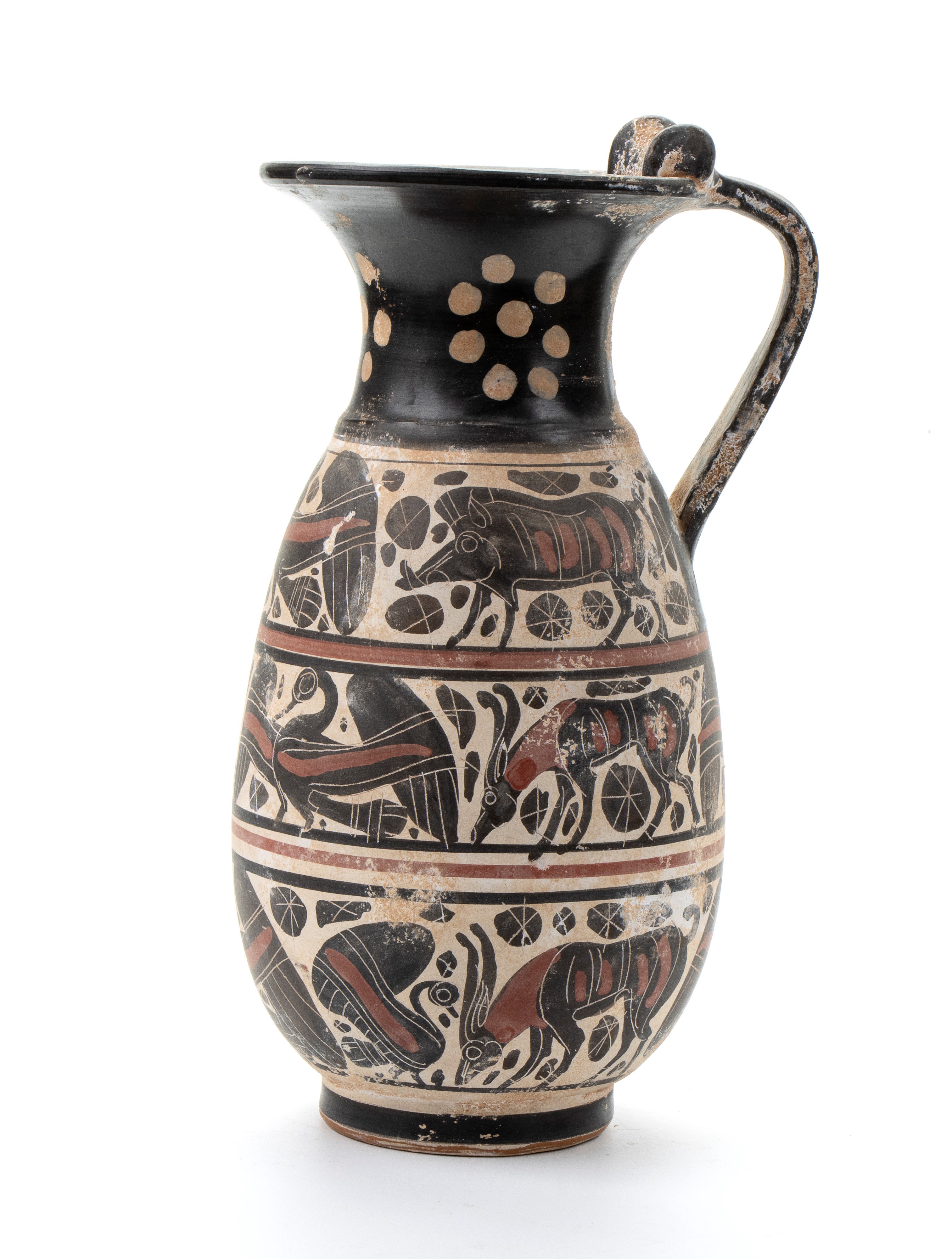 Coppia di Versatoi Ansati in Ceramica Arcaica con Decori Zoomorfi a Figre Nere nelle Tre Fasce
