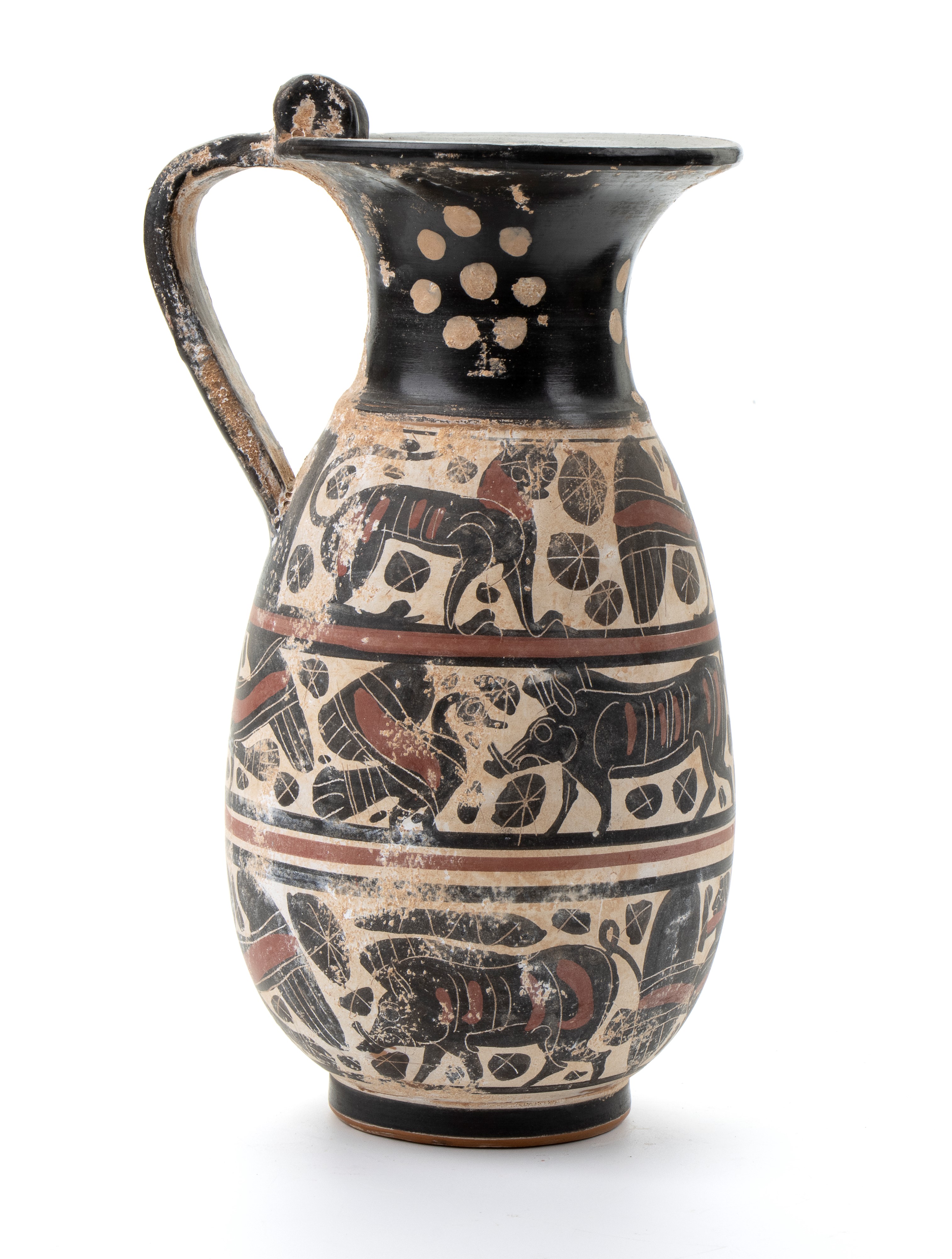Coppia di Versatoi Ansati in Ceramica Arcaica con Decori Zoomorfi a Figre Nere nelle Tre Fasce