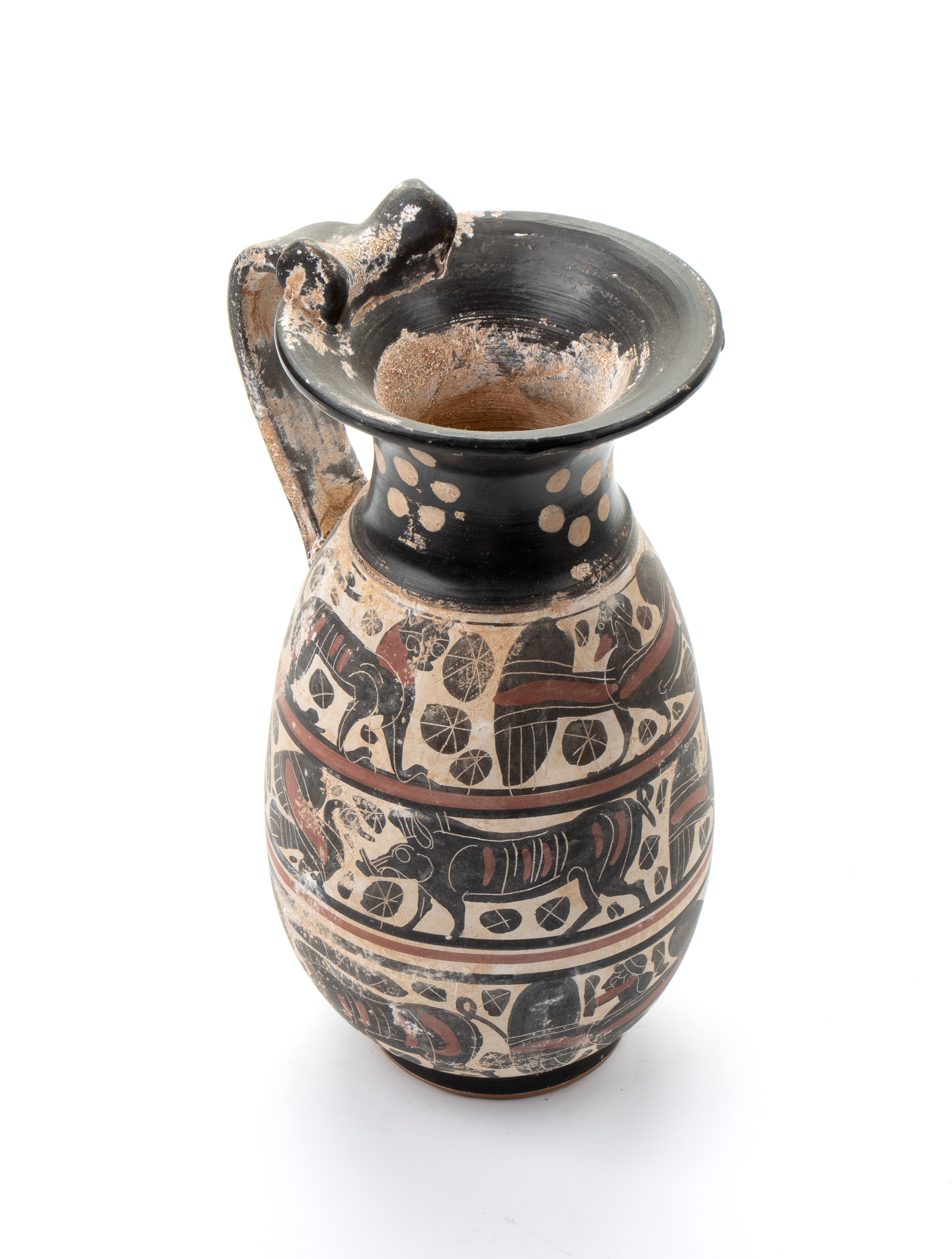 Coppia di Versatoi Ansati in Ceramica Arcaica con Decori Zoomorfi a Figre Nere nelle Tre Fasce