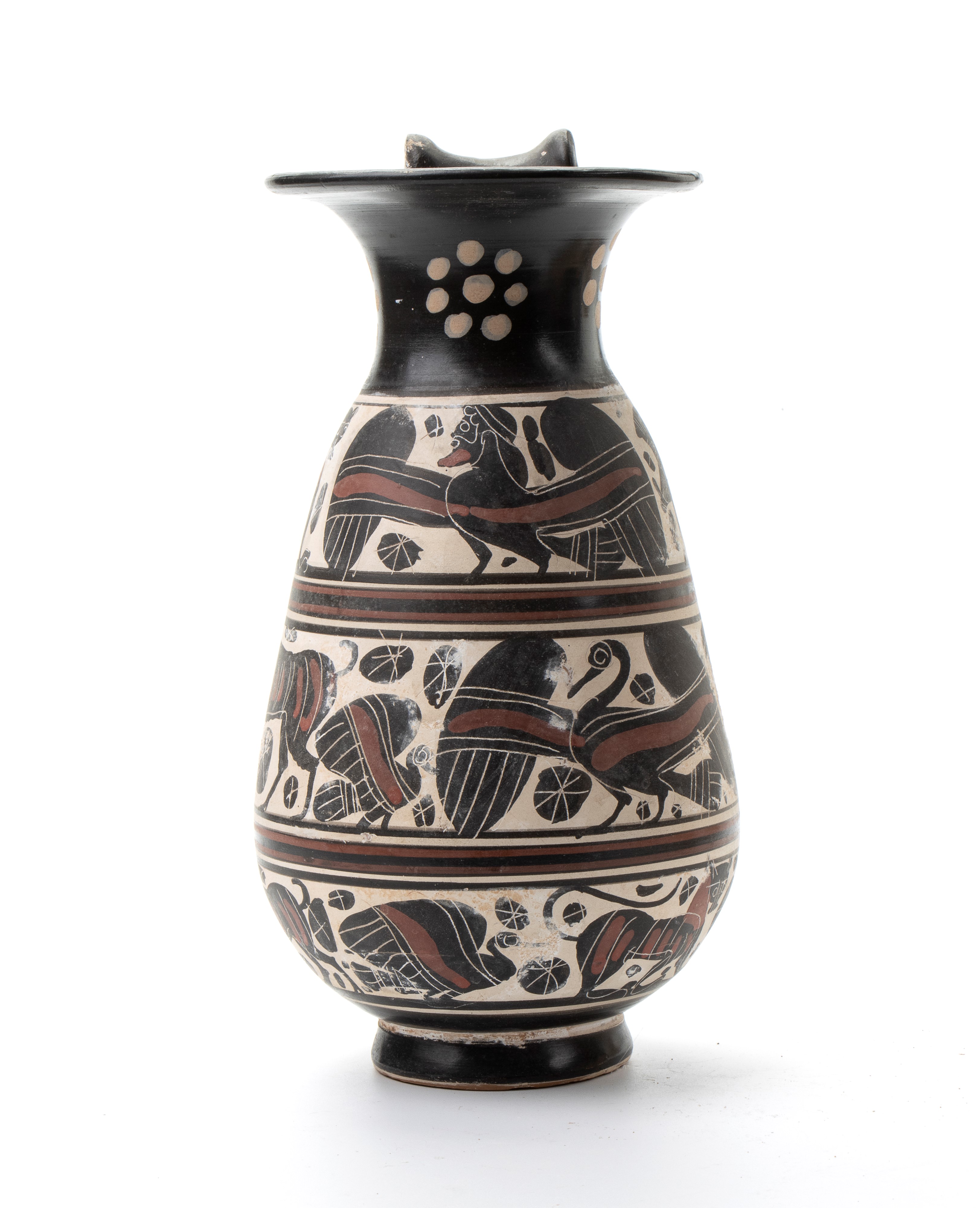 Coppia di Versatoi Ansati in Ceramica Arcaica con Decori Zoomorfi a Figre Nere nelle Tre Fasce