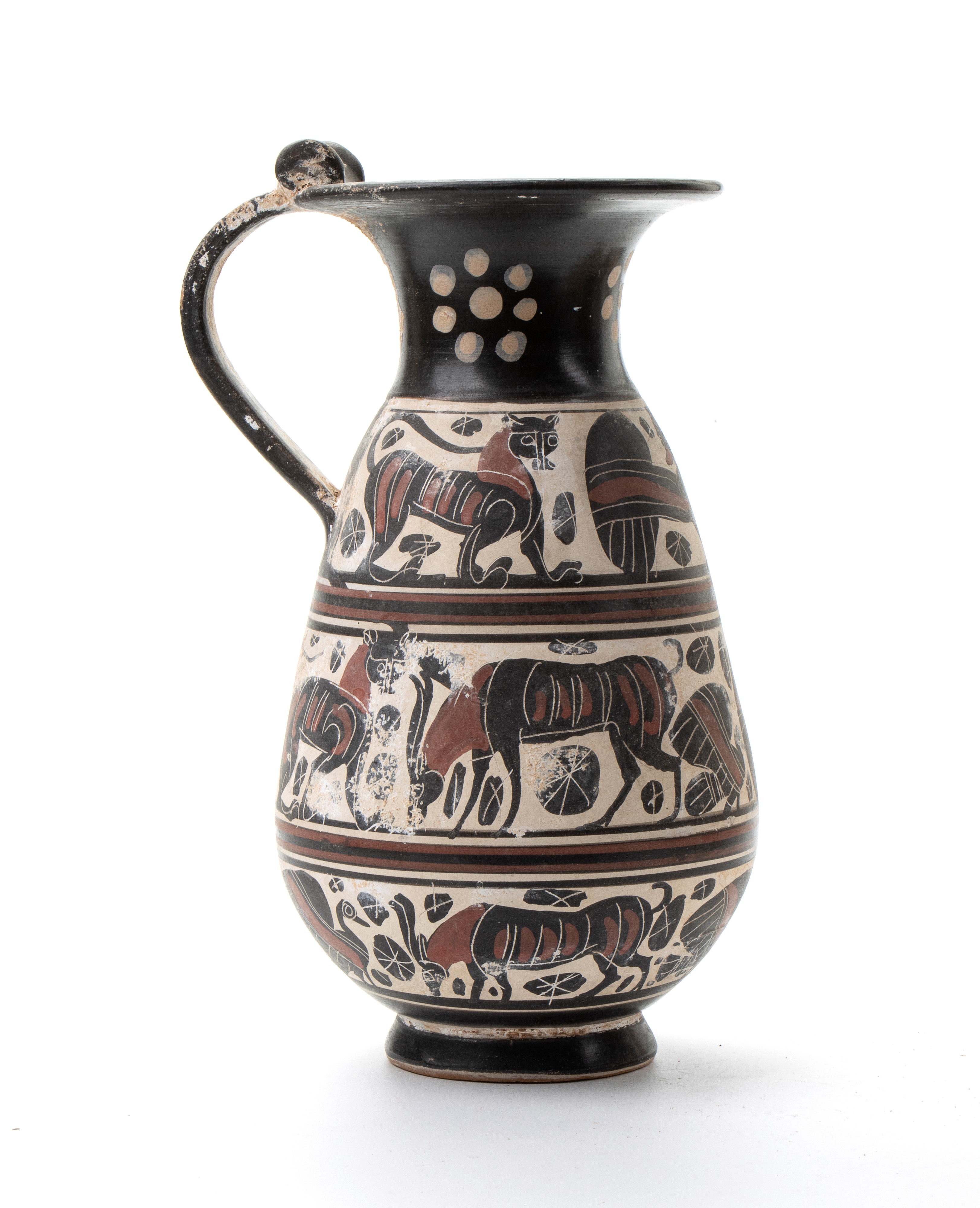 Coppia di Versatoi Ansati in Ceramica Arcaica con Decori Zoomorfi a Figre Nere nelle Tre Fasce