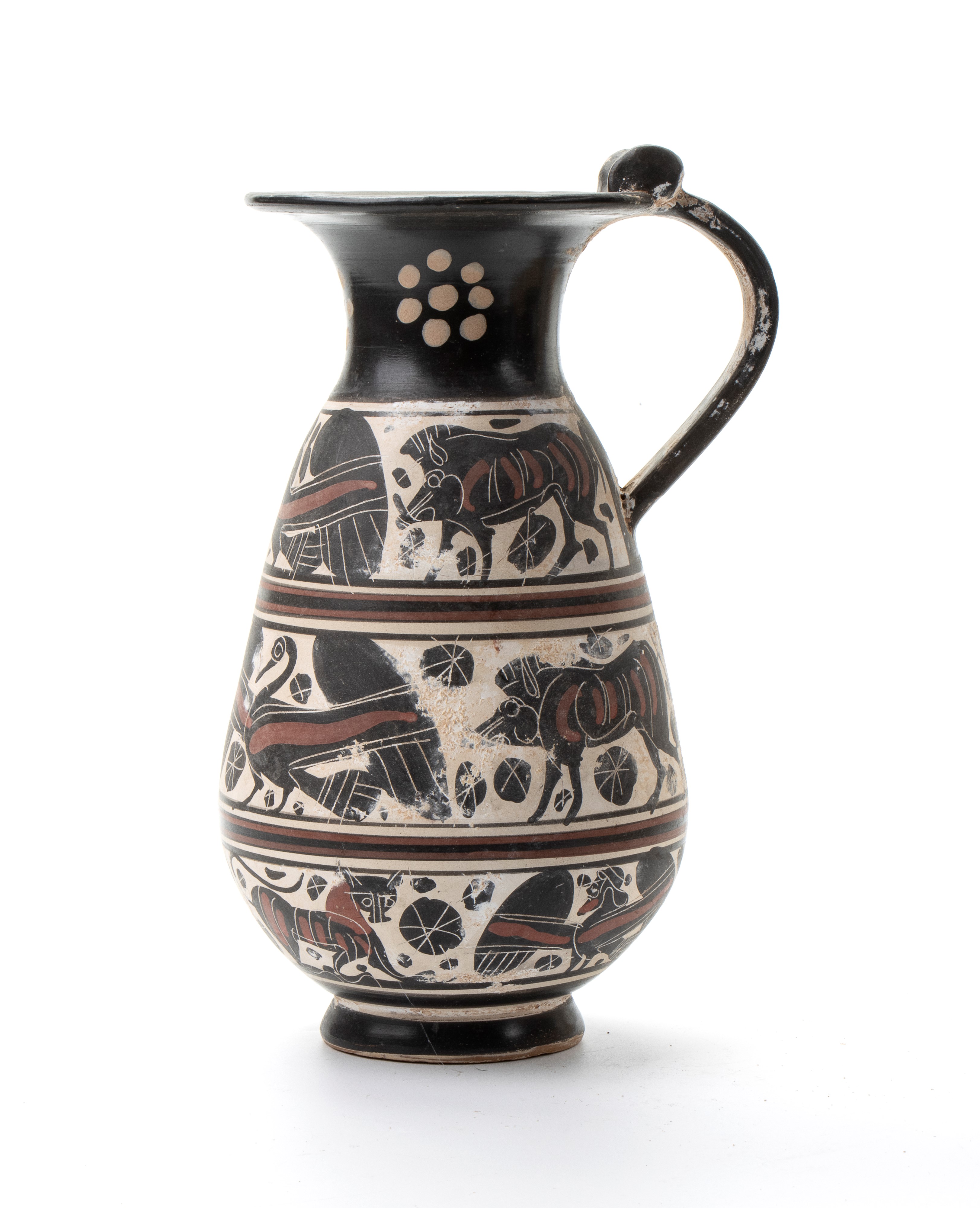 Coppia di Versatoi Ansati in Ceramica Arcaica con Decori Zoomorfi a Figre Nere nelle Tre Fasce