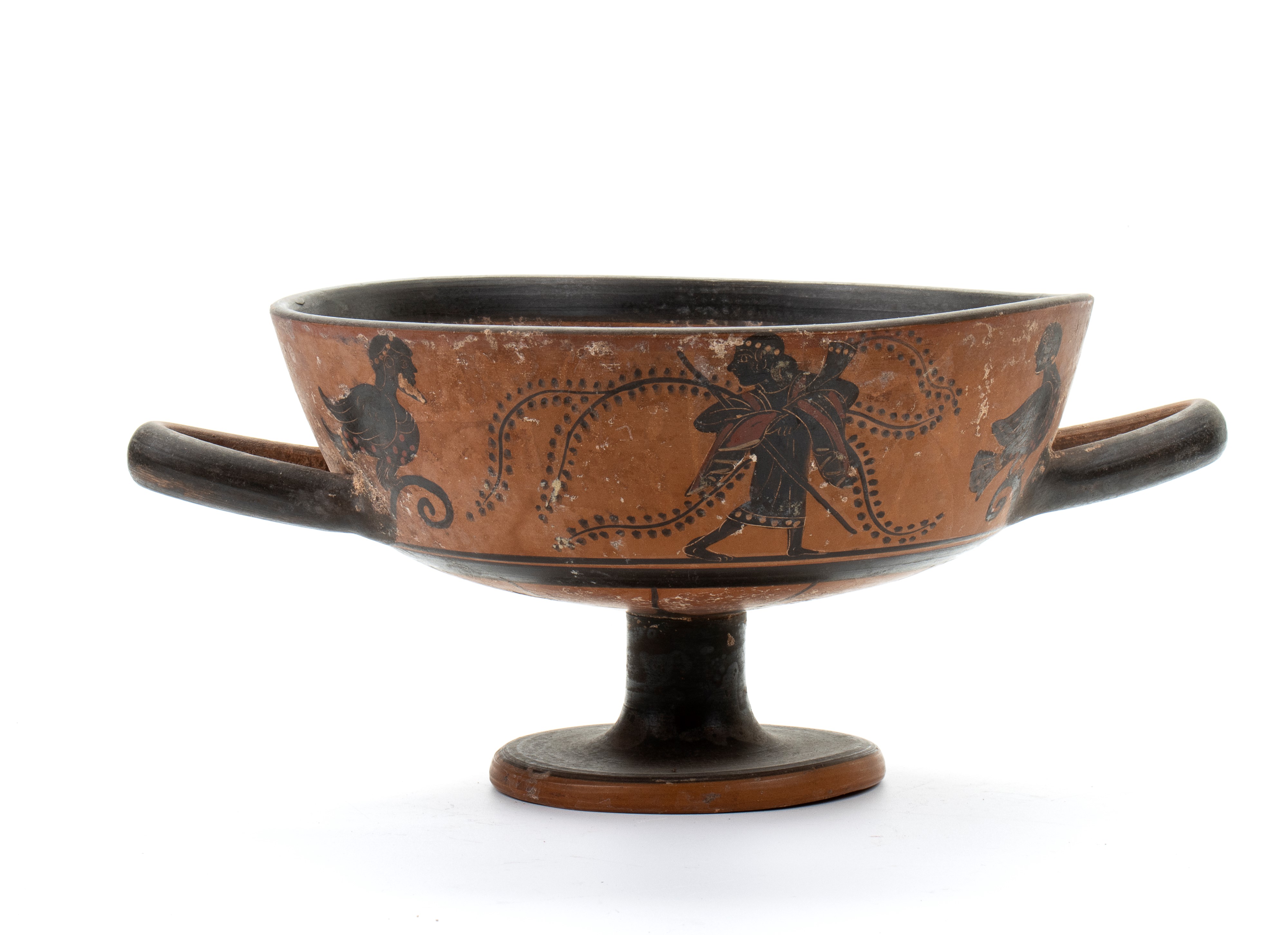 Coppa con manici in ceramic arcaica a figure nere con simposio