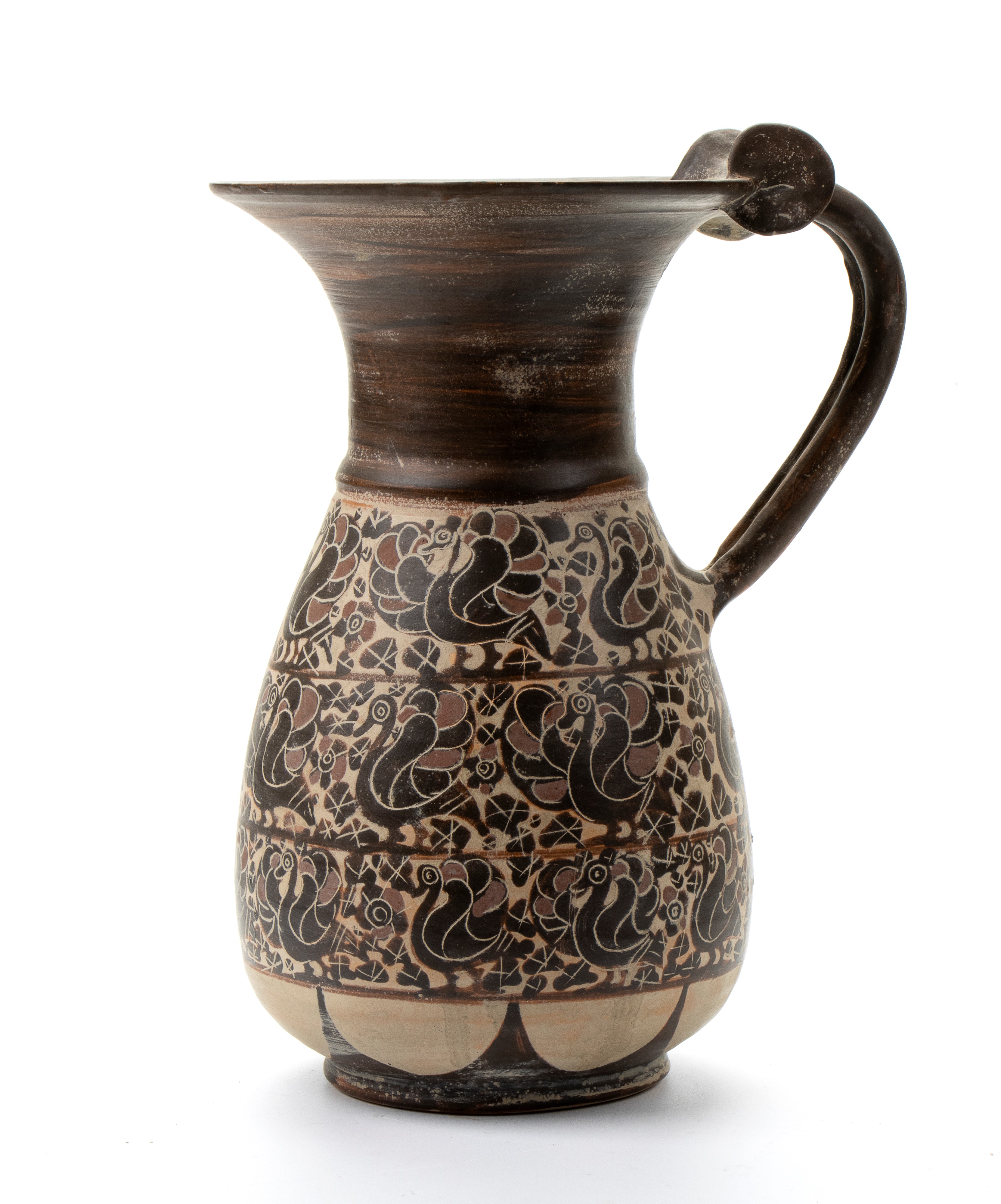 Versatoio monoansato in ceramica arcaica a figure nere rappresentante uccelli
