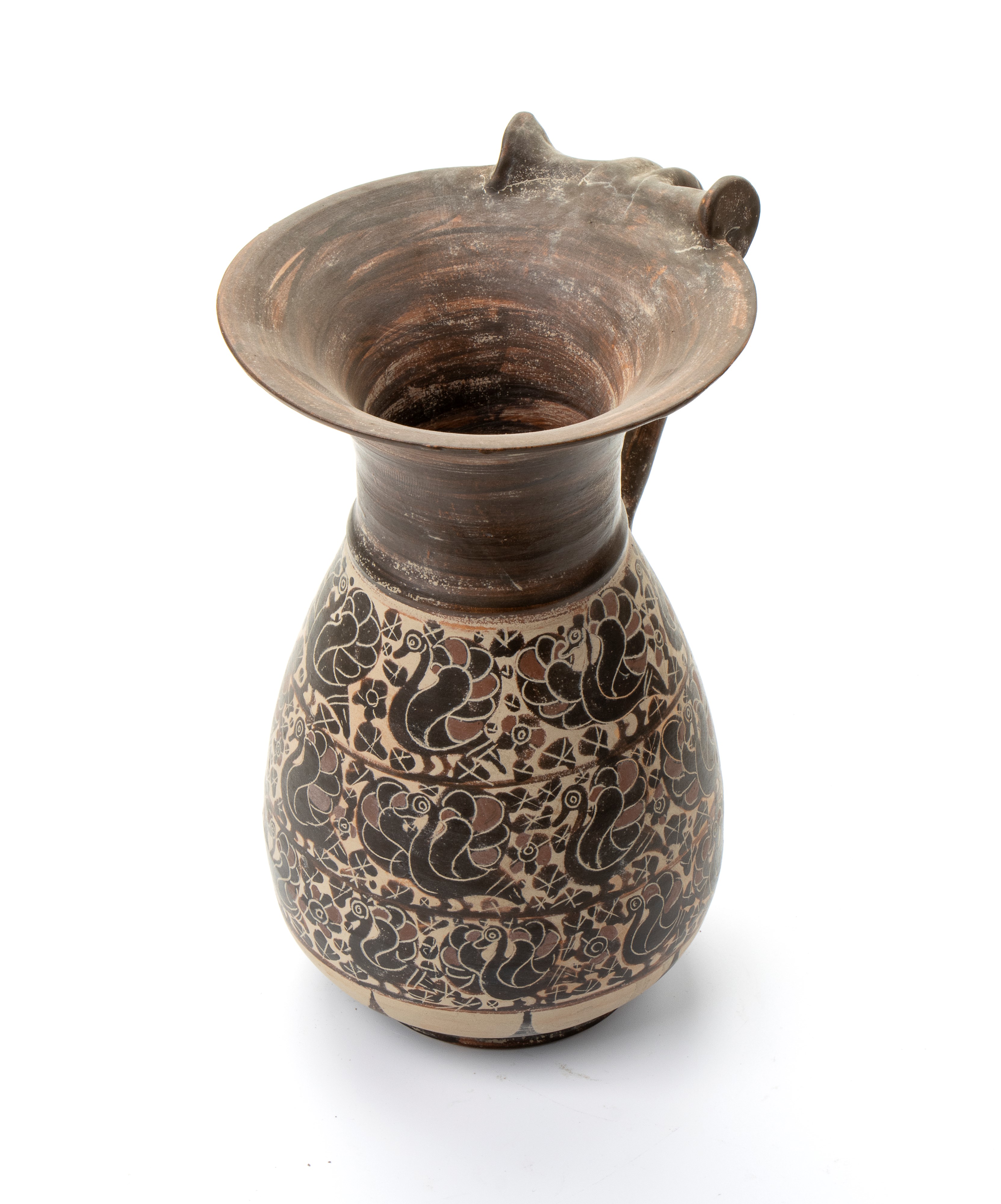 Versatoio monoansato in ceramica arcaica a figure nere rappresentante uccelli