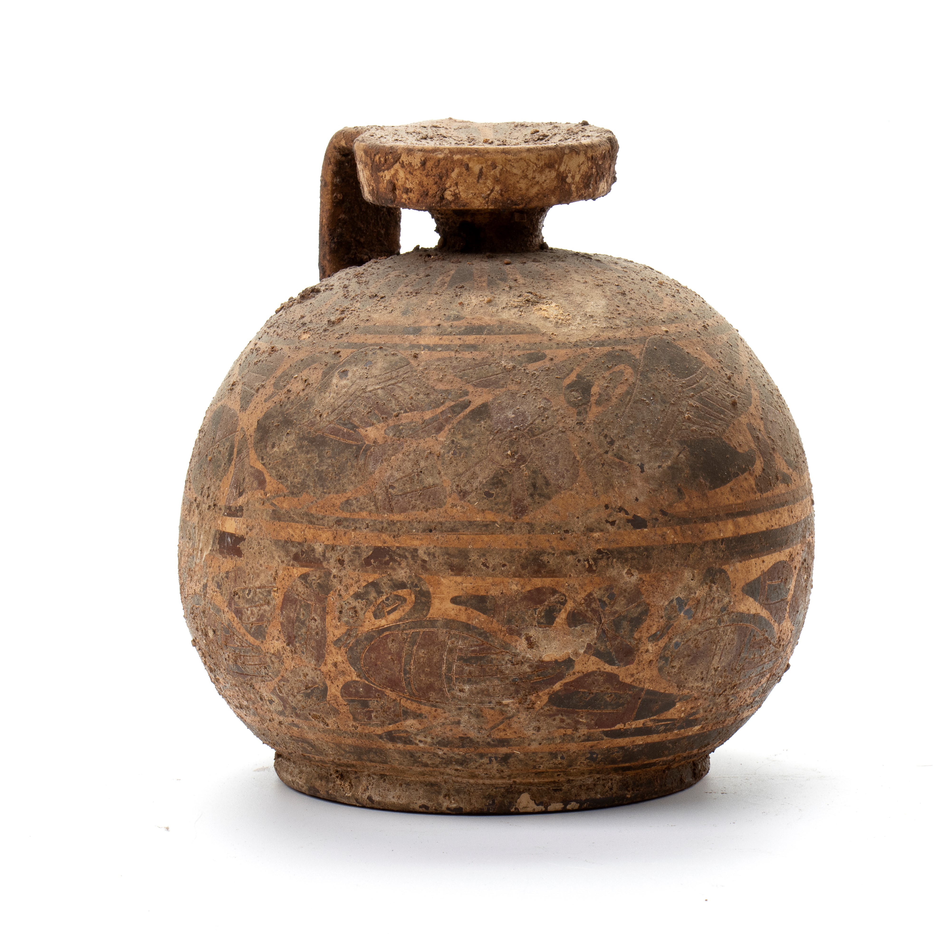 Piccolo vaso monoansato di forma sferica a figure nere con teorie di volatili