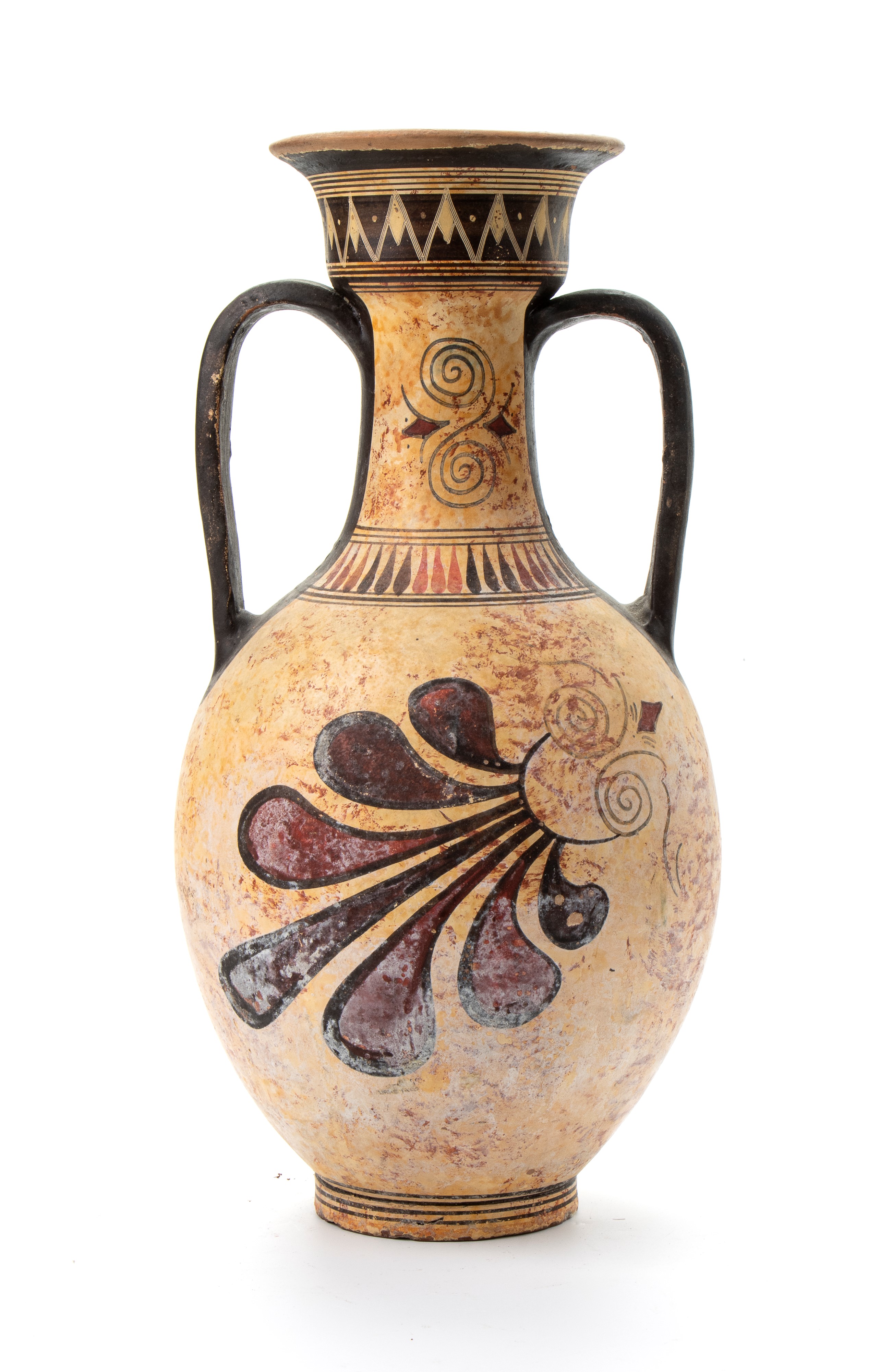 Anfora biansata in ceramica arcaica a figure nere con suonatrici di cetra nel corpo e profilo di ...