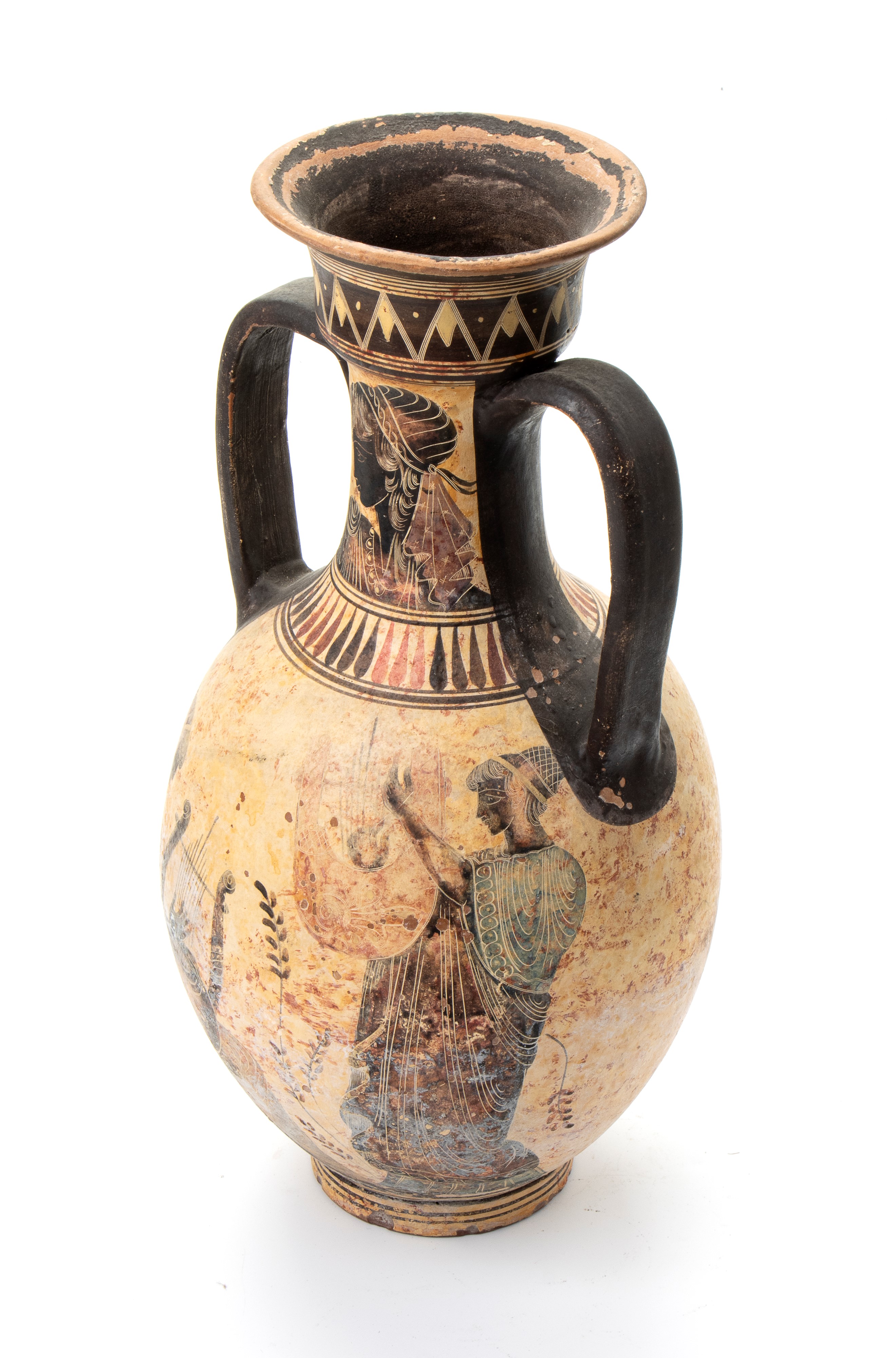 Anfora biansata in ceramica arcaica a figure nere con suonatrici di cetra nel corpo e profilo di ...