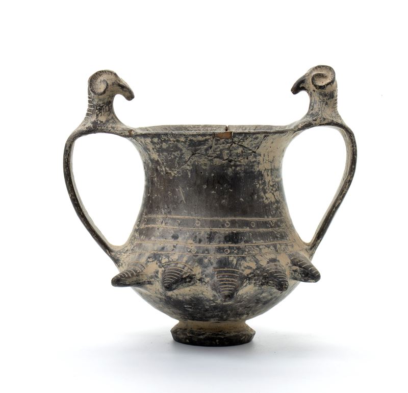 Coppa biansata in ceramica buccheroide con decori a rilievo di testa di montone sulle anse e umbo...