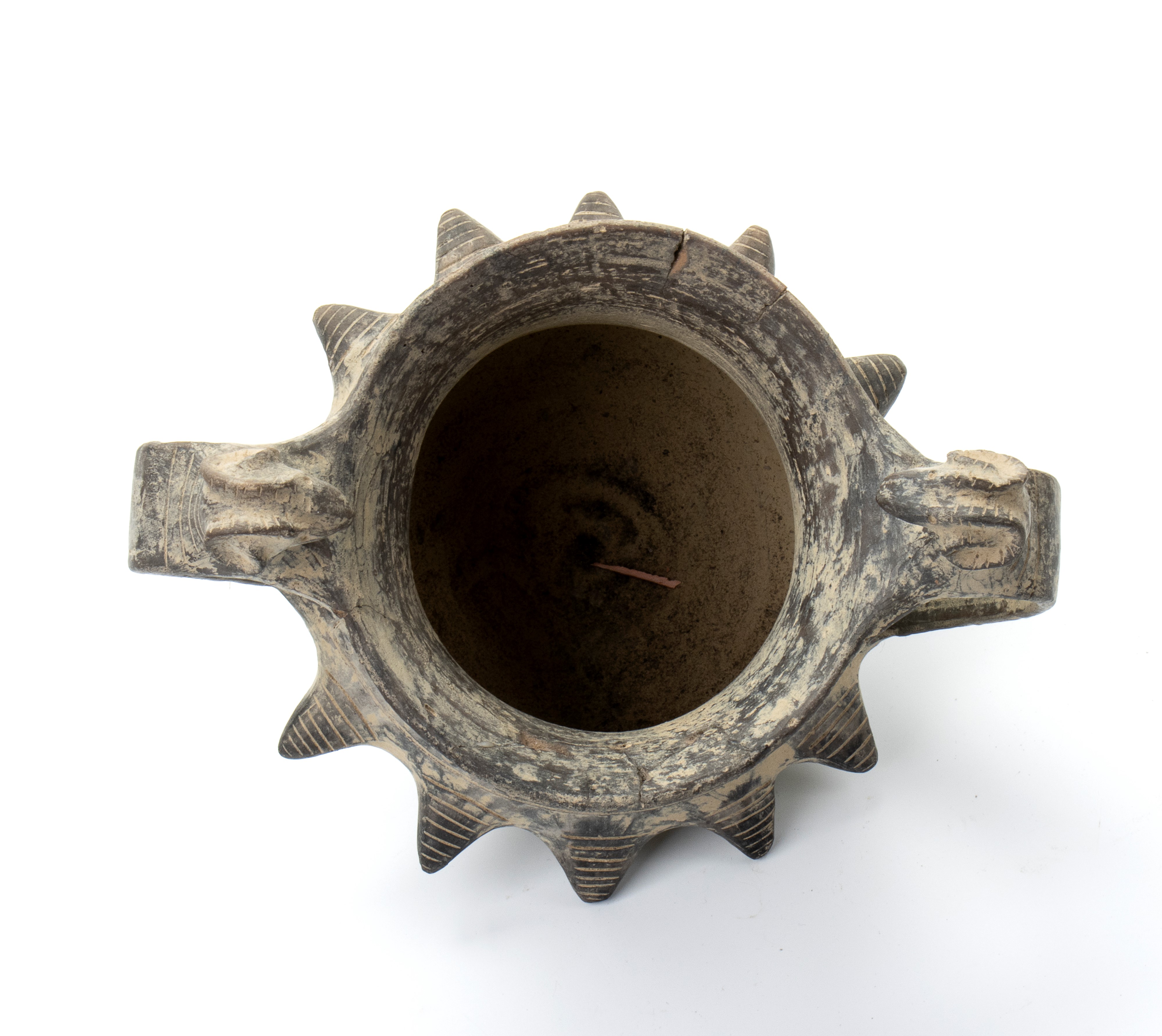 Coppa biansata in ceramica buccheroide con decori a rilievo di testa di montone sulle anse e umbo...