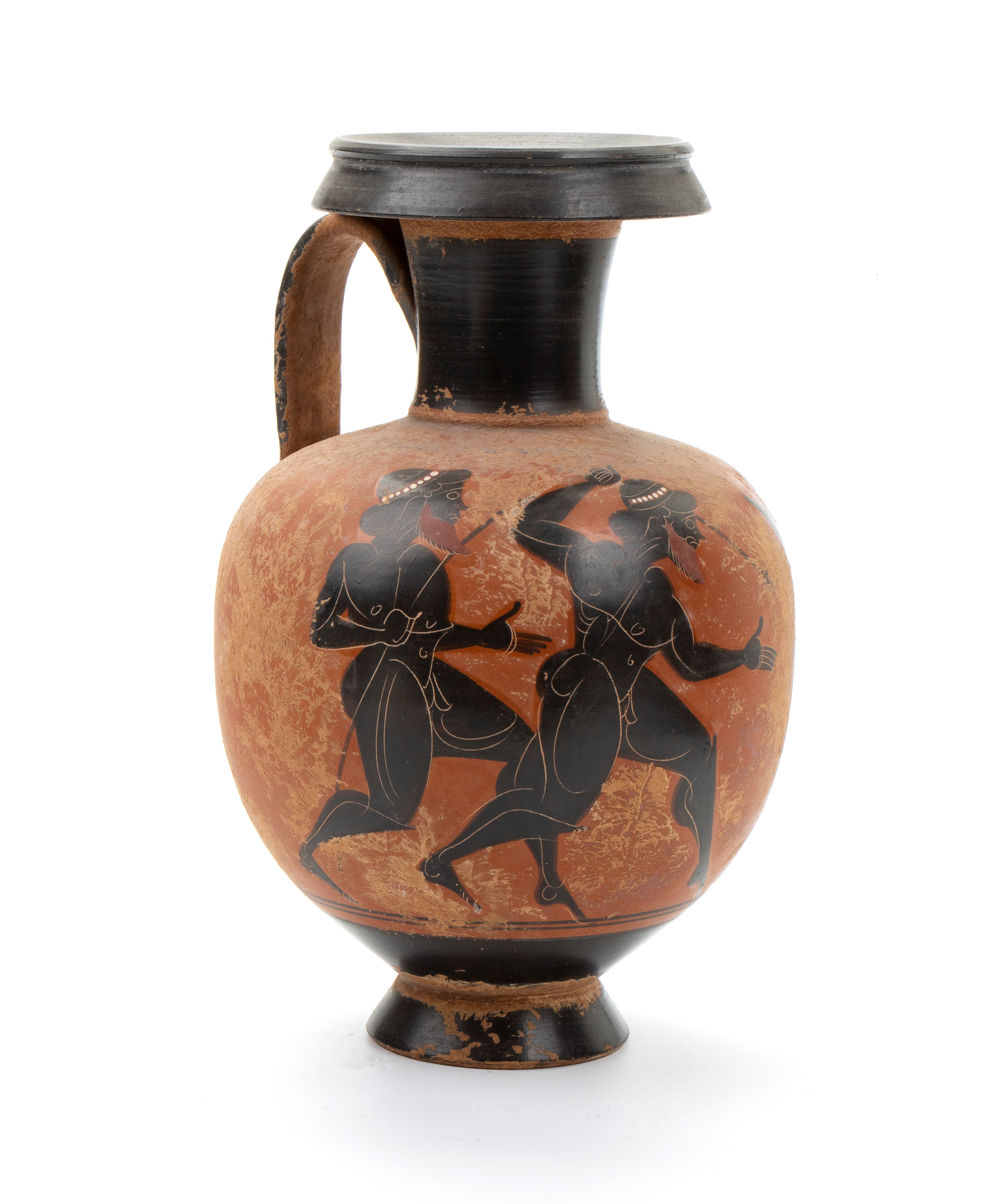 Oinochoe in ceramica arcaica a figure nere con coppia di atleti barbuti