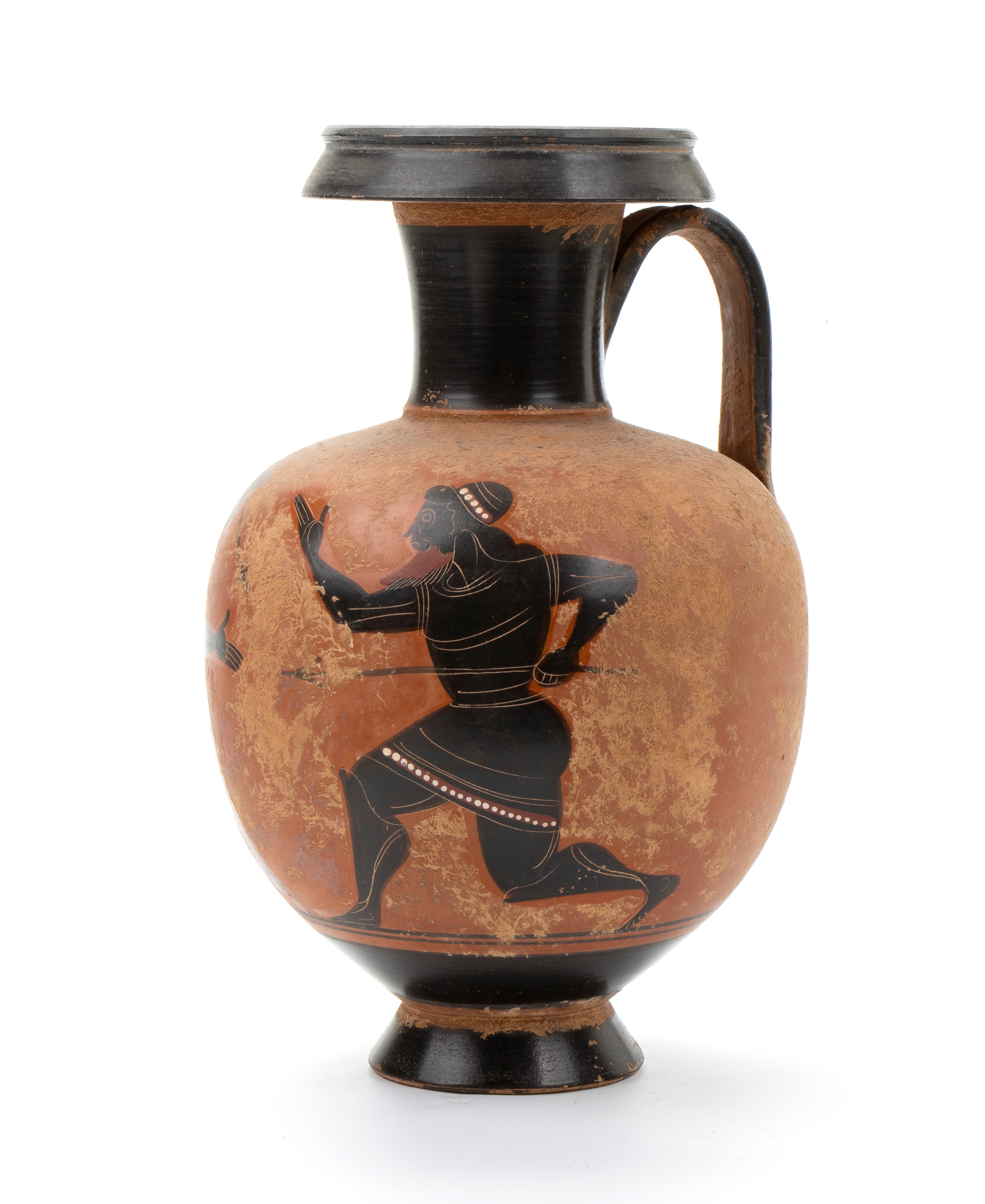 Oinochoe in ceramica arcaica a figure nere con coppia di atleti barbuti