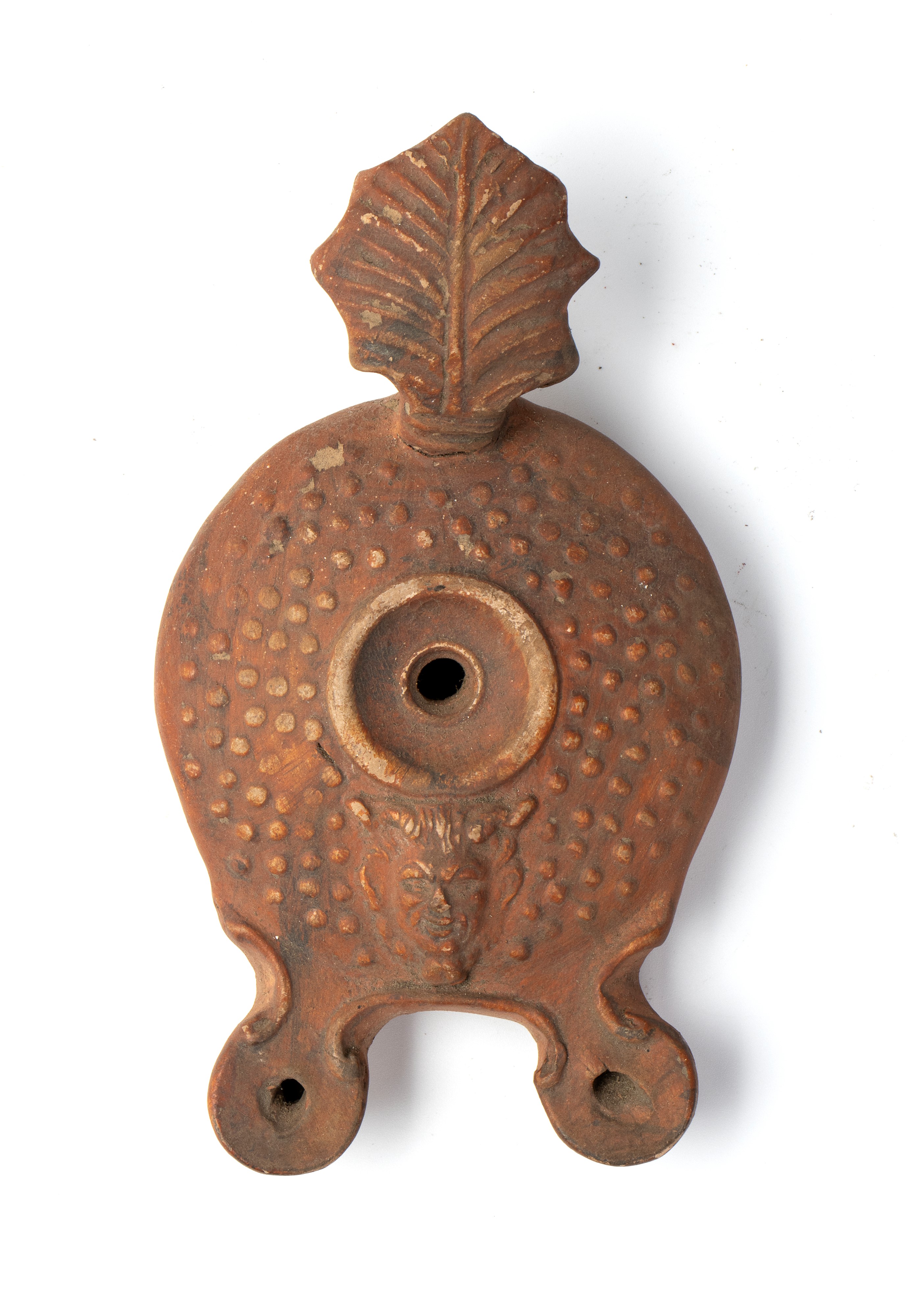 Lucerna in Ceramica con Testa di Satiro a Rilievo e Doppi Ugelli