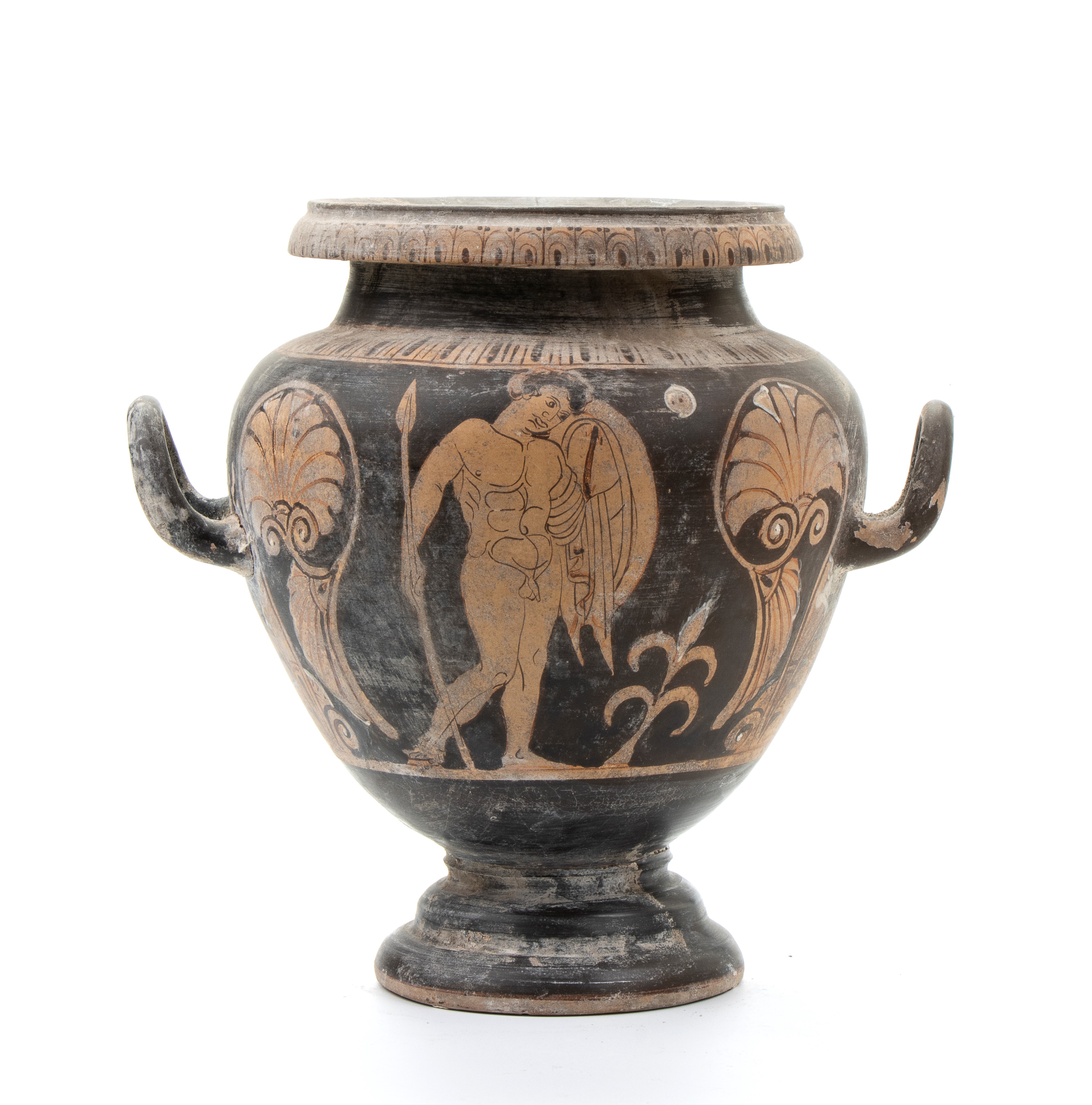 Hydra biansata in ceramica classica a figure rosse rappresentante figura di offerente tra motivi ...