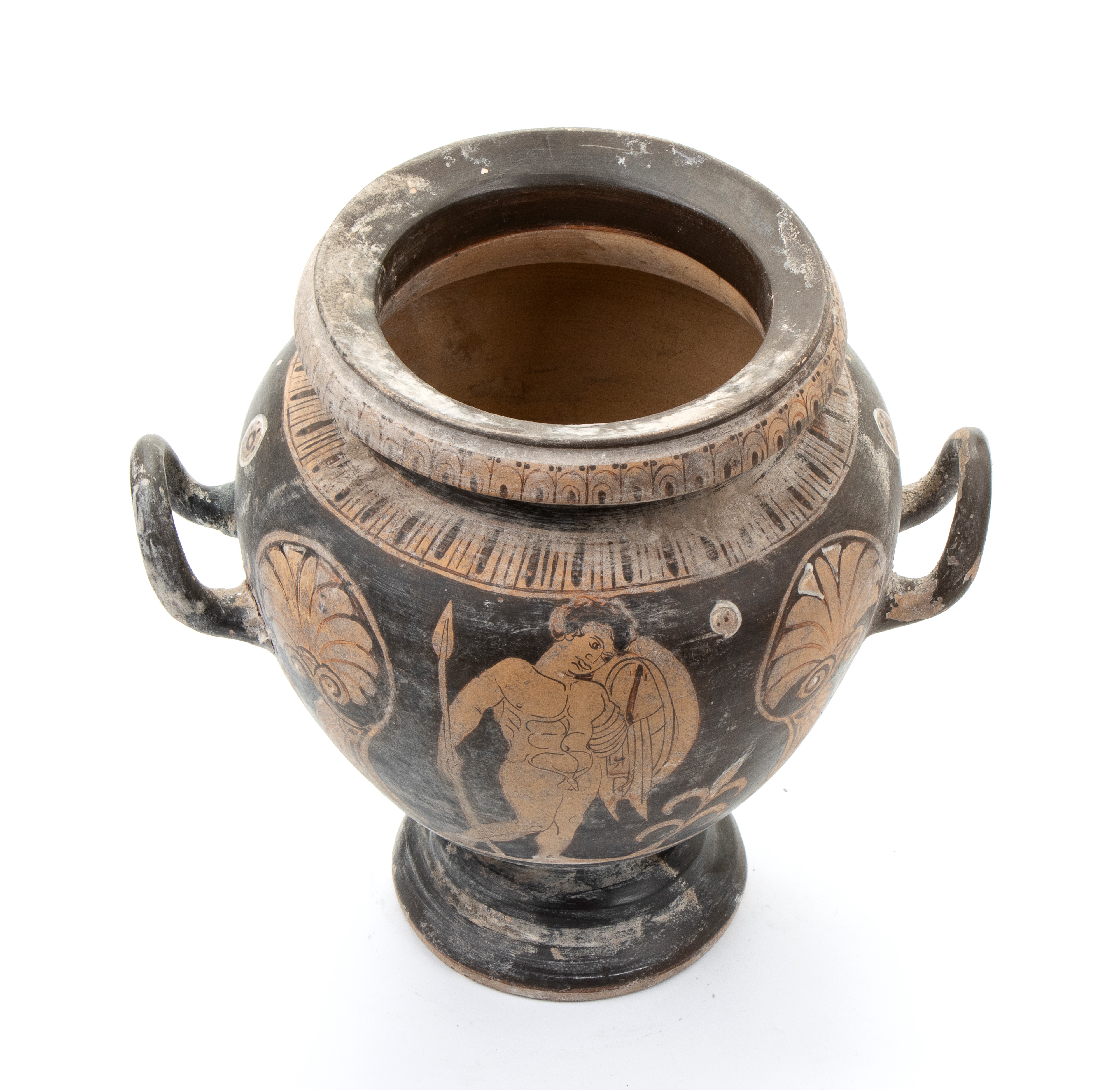 Hydra biansata in ceramica classica a figure rosse rappresentante figura di offerente tra motivi ...