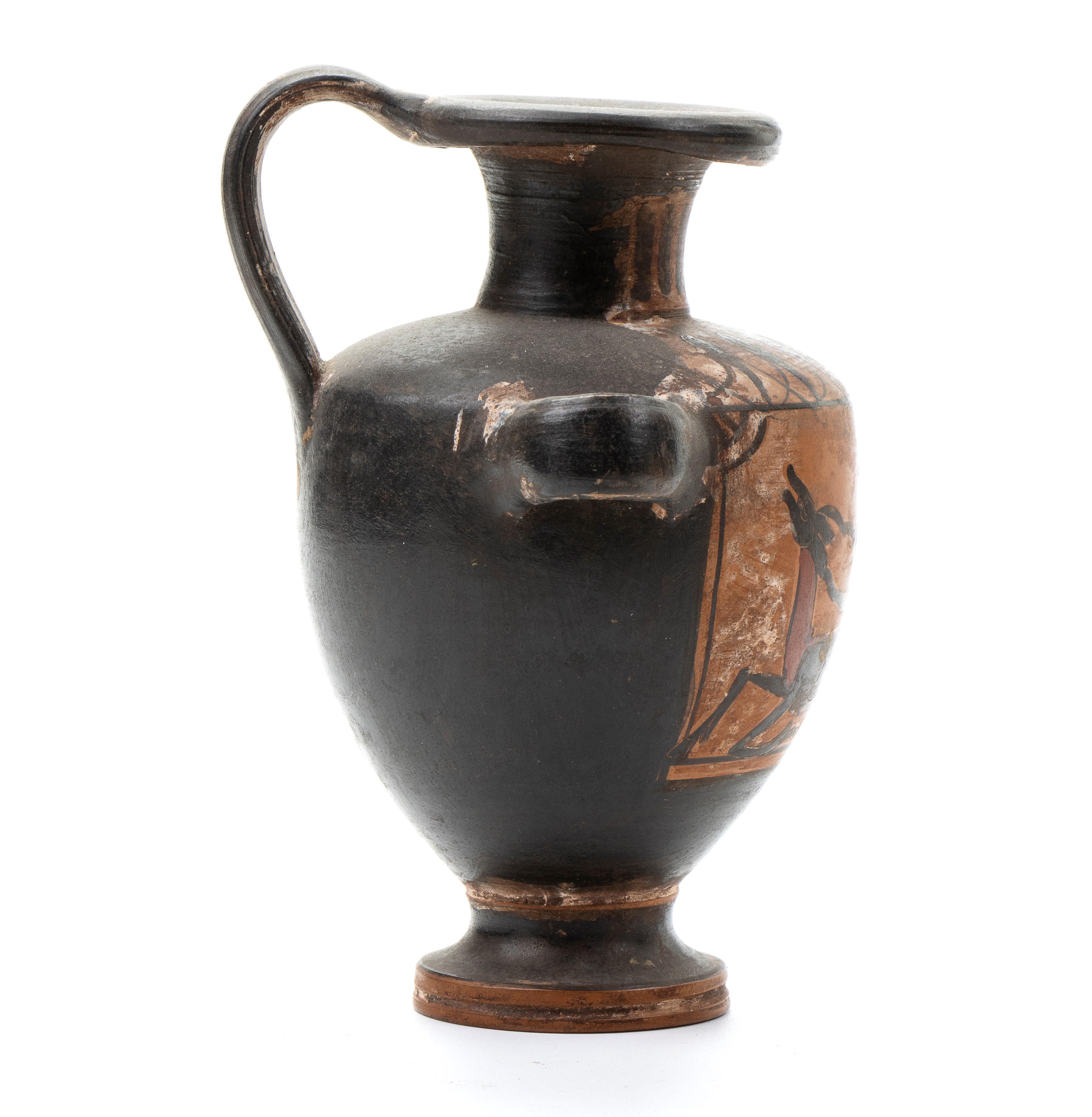 Oinochoe Biansato in Ceramica Arcaica a Figure Nere con Scena Venatoria