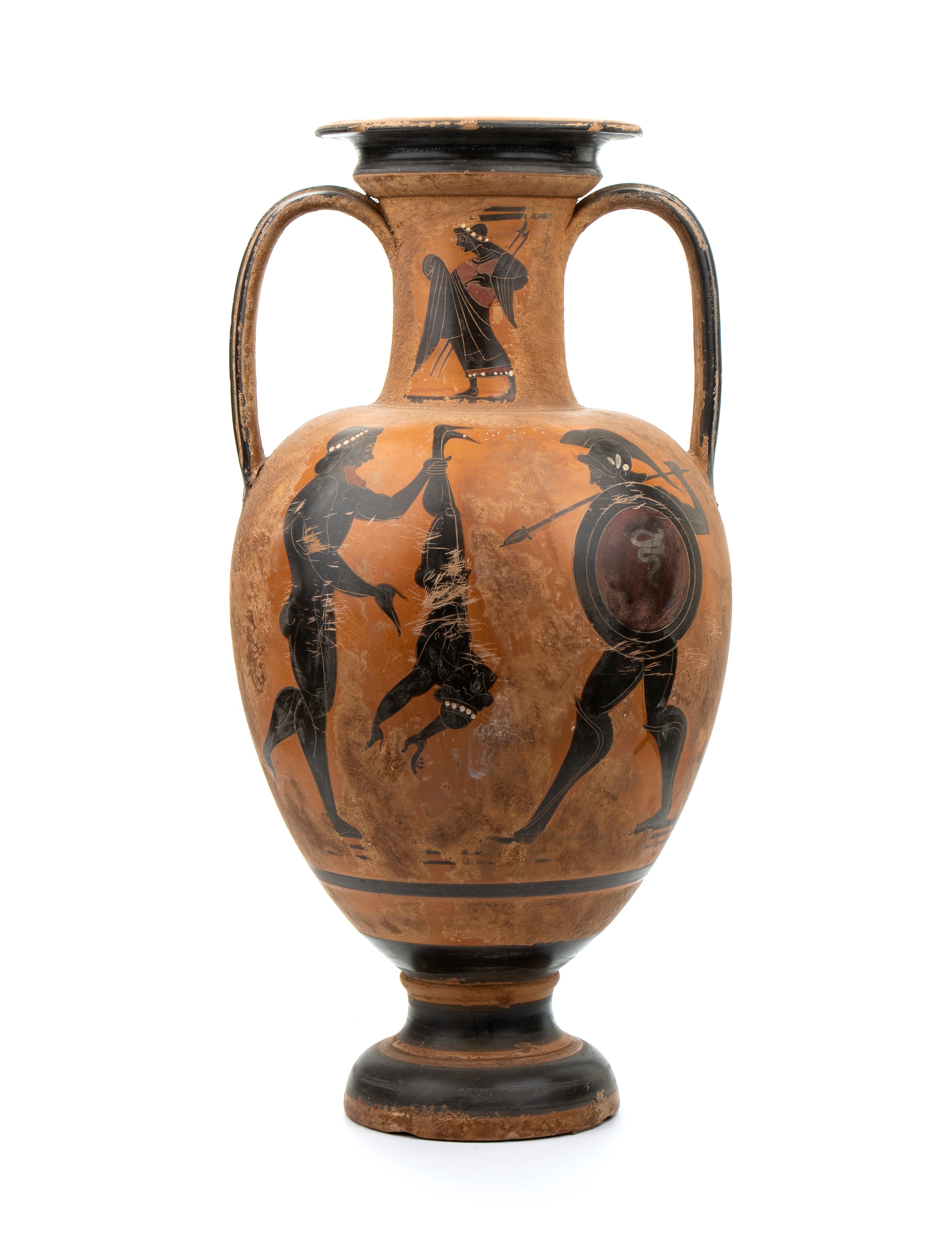 Anfora biansata in terracotta con decori antropomorfi
