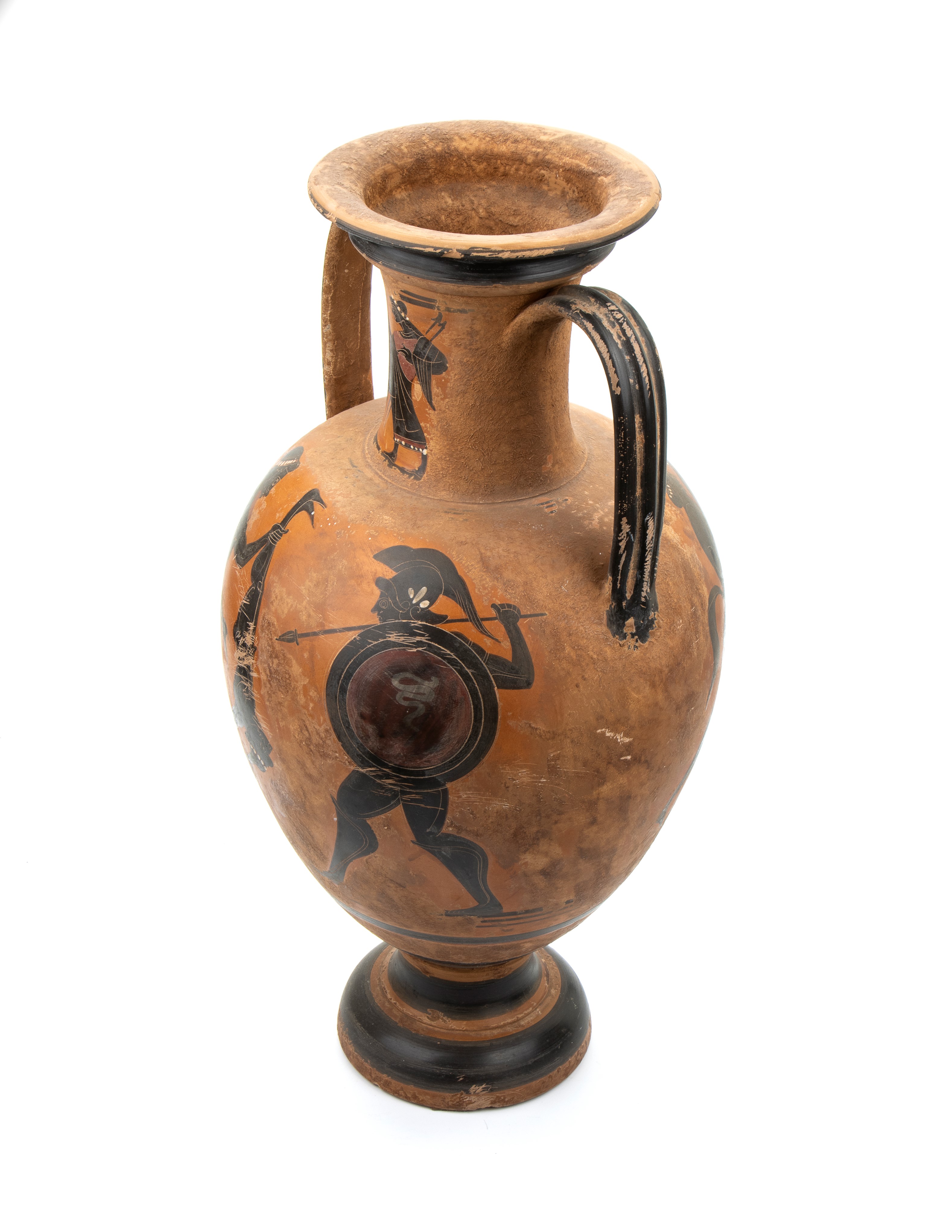 Anfora biansata in terracotta con decori antropomorfi