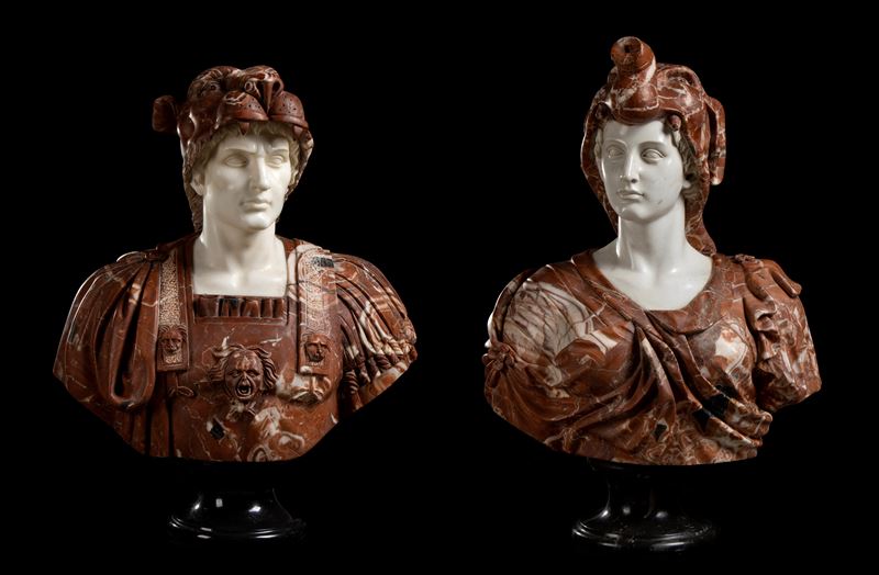 Coppia di busti in marmo rosso Asia Minore raffiguranti Alessandro Magno con copricapo di testa d...