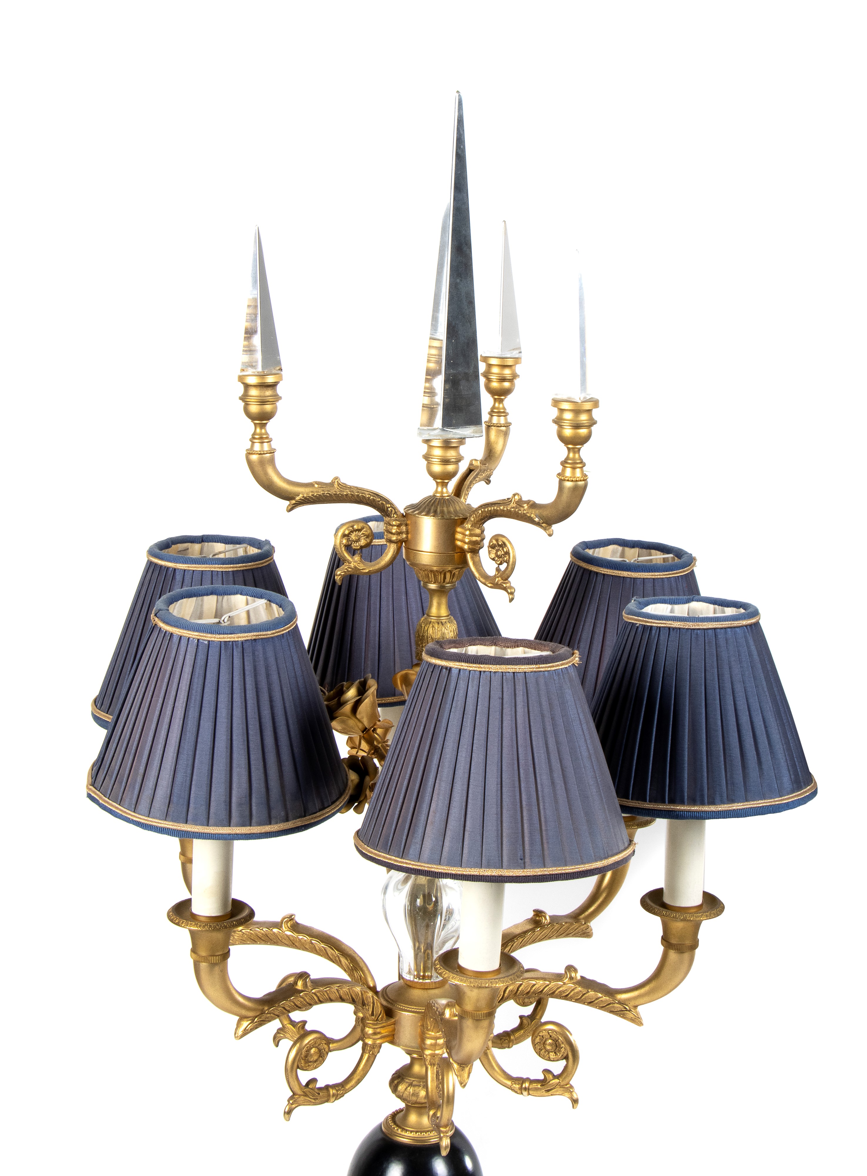Importante coppia di grandi lampade da tavolo in stile Impero con corpo in ottone dorato e legno ...