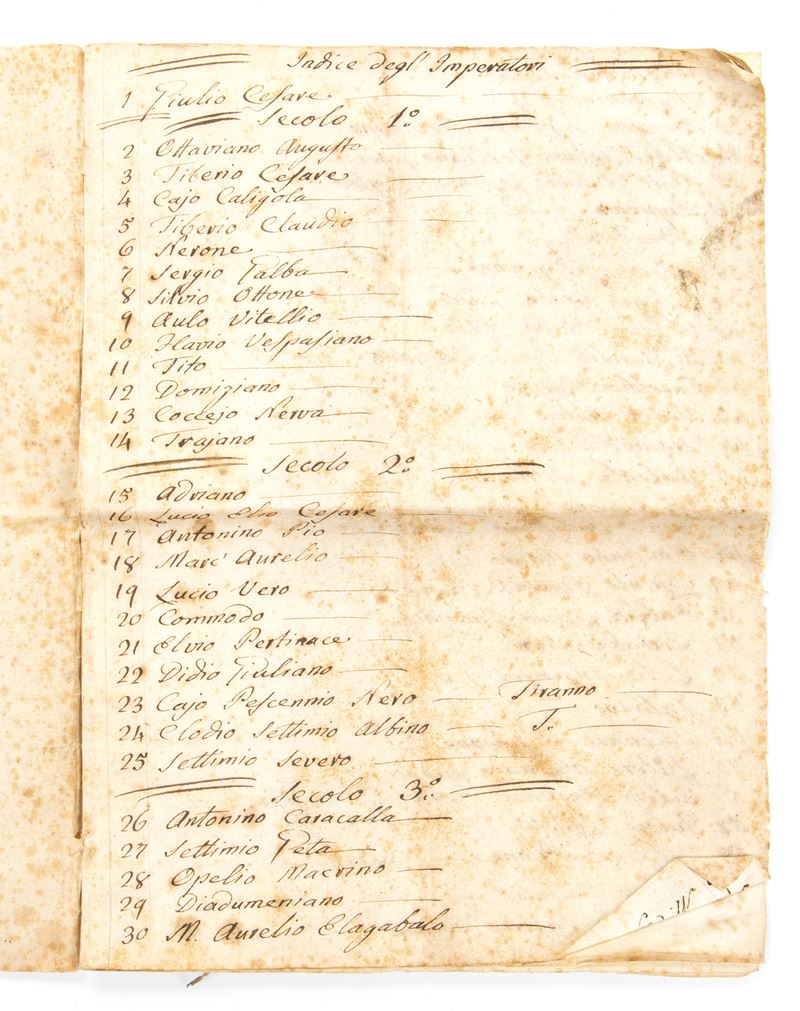 Manoscritto Catalogo di tutti gl'Imperatore e di alcuni tiranni inforti nell'Impero riposti con o...