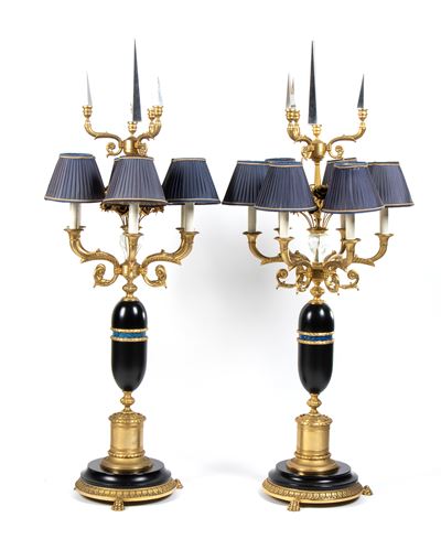 Importante Coppia di Grandi Lampade da Tavolo in Stile Impero con Corpo in Ottone Dorato e Legno ...