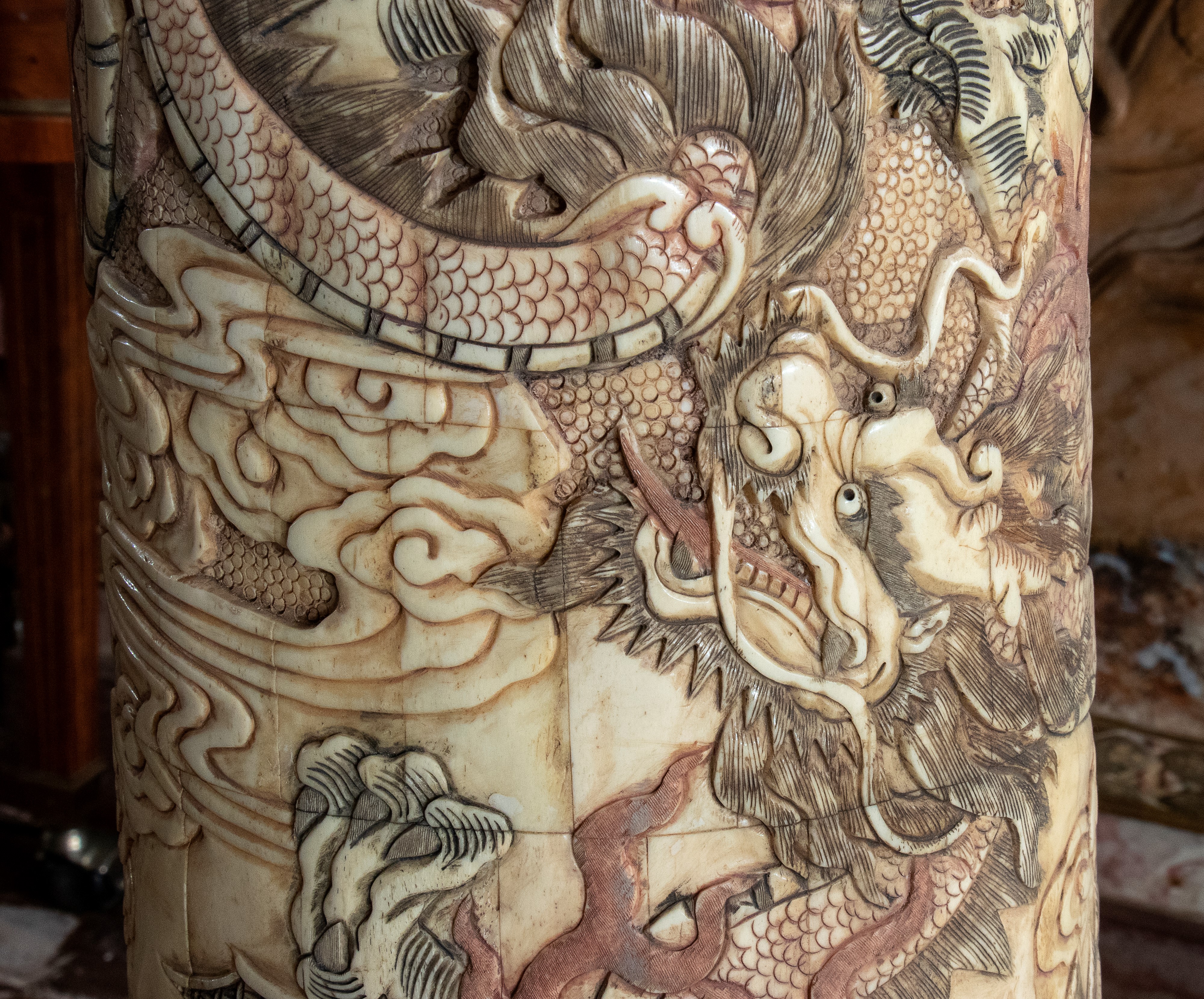 Coppia di grandi repliche di zanne con base in legno