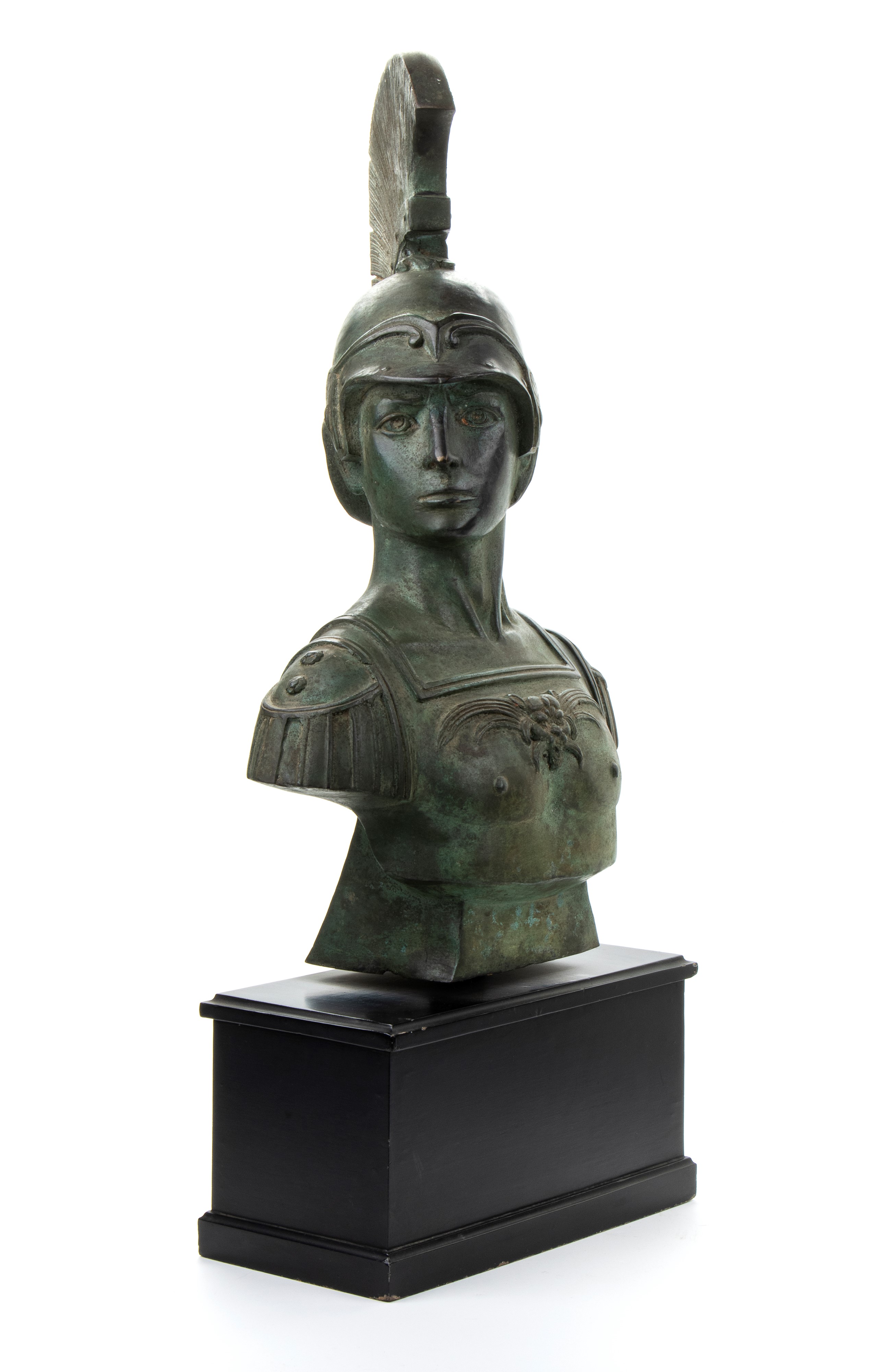 Busto in bronzo di guerriero con elmo su base in legno laccato