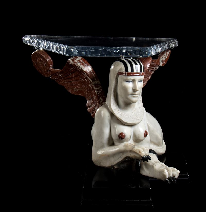 Tavolino Realizzato in Perspex con Base Realizzata Sfinge in Marmo Bianco Statuario Marmo Nero Ma...