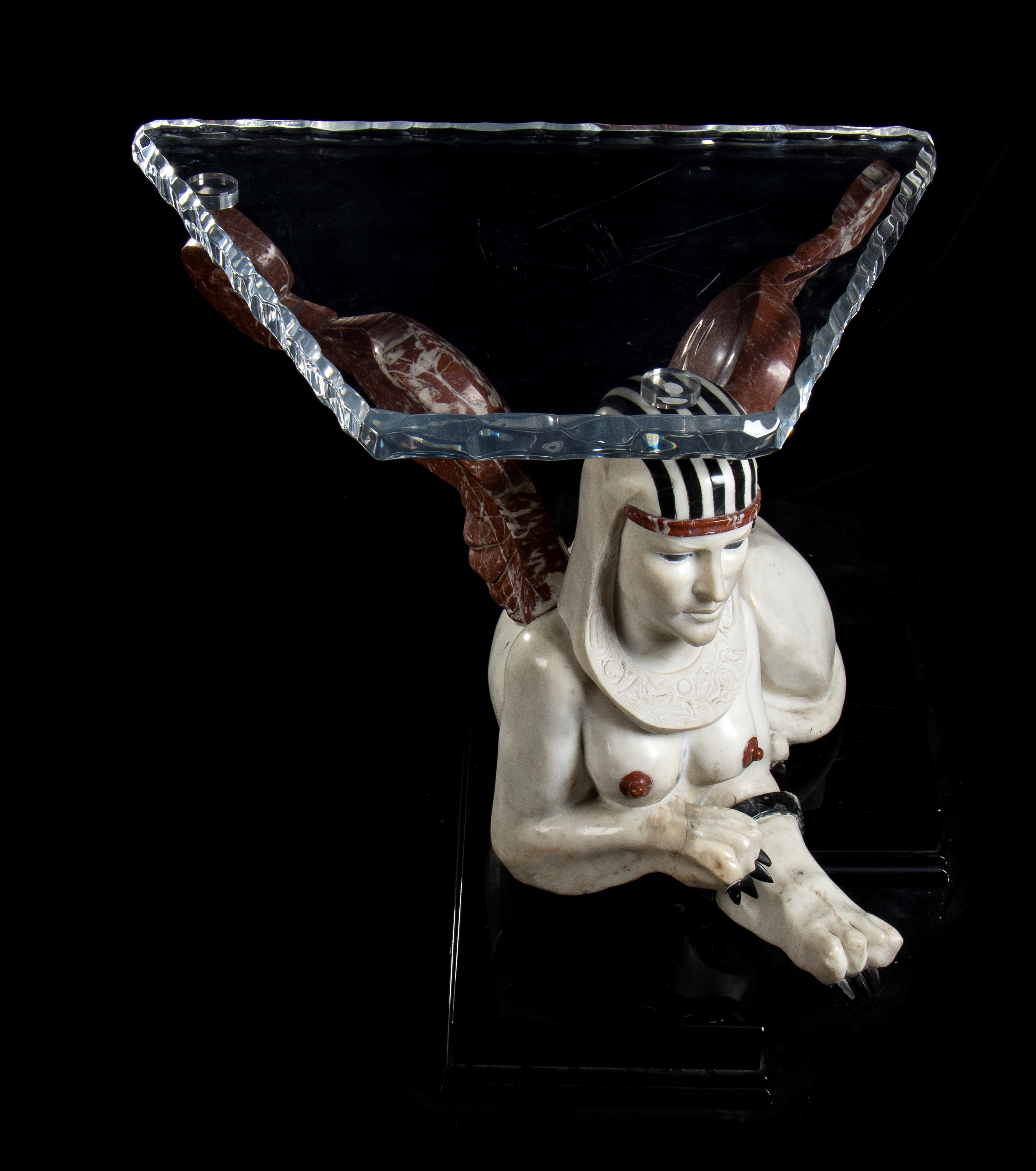Tavolino Realizzato in Perspex con Base Realizzata Sfinge in Marmo Bianco Statuario Marmo Nero Ma...