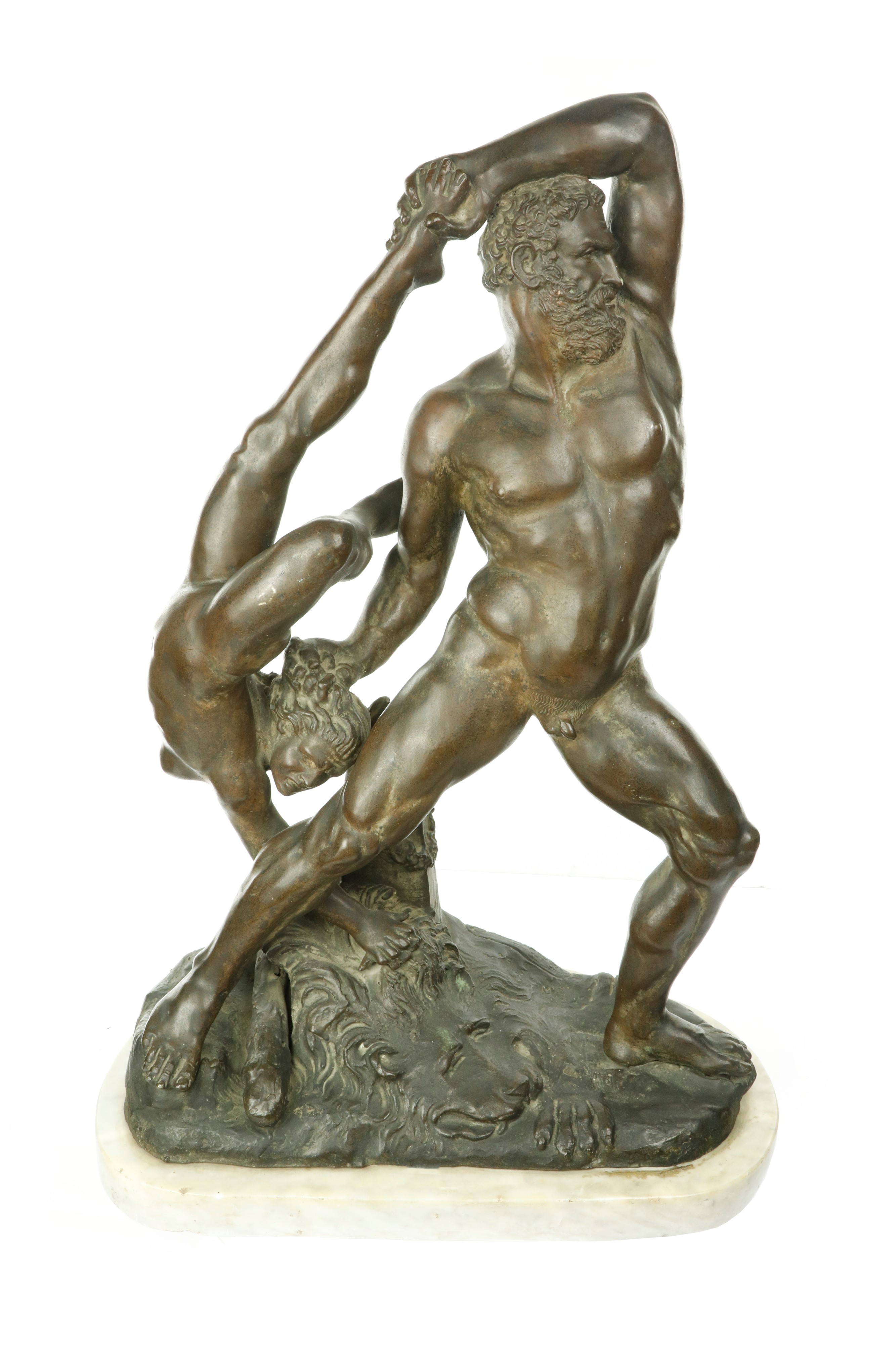 Scultura bronzea raffigurante Ercole e Lica su base di marmo