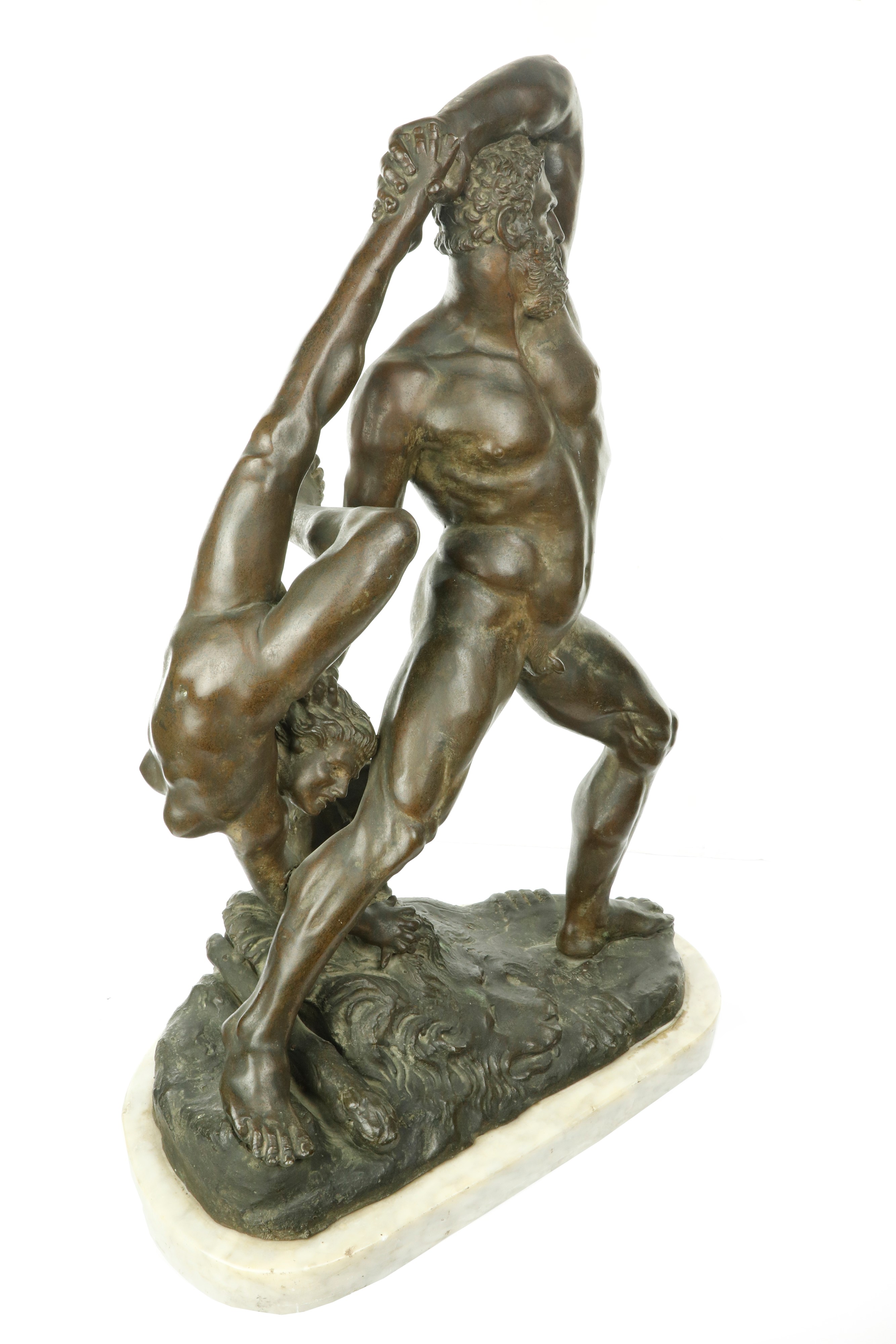 Scultura bronzea raffigurante Ercole e Lica su base di marmo