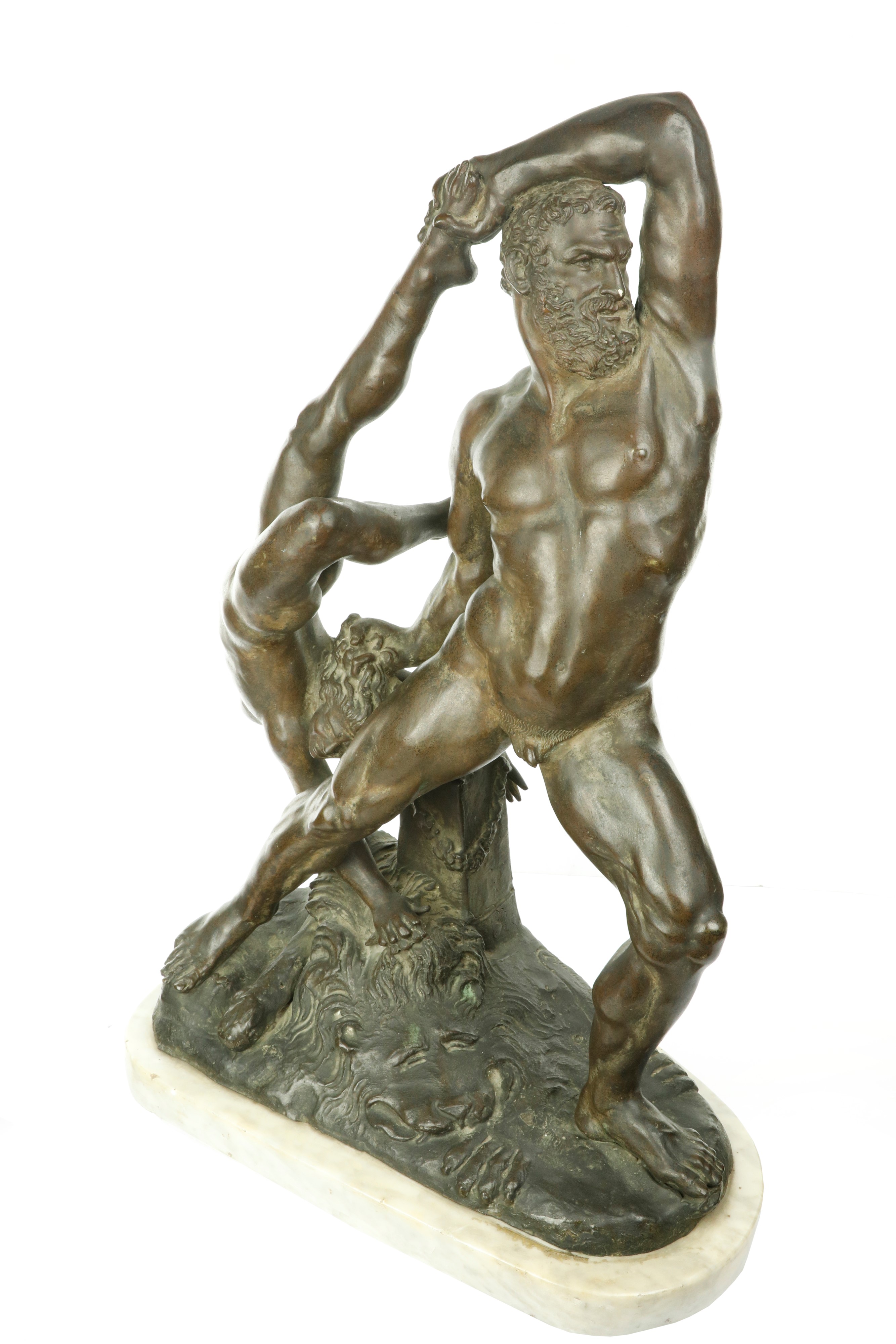 Scultura bronzea raffigurante Ercole e Lica su base di marmo
