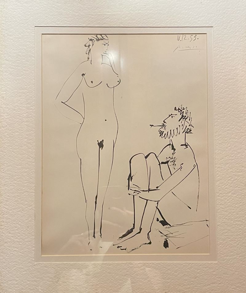Stampa Picasso uomo seduto donna in piedi con data 18.12.1953 firma in alto a dx a frafite