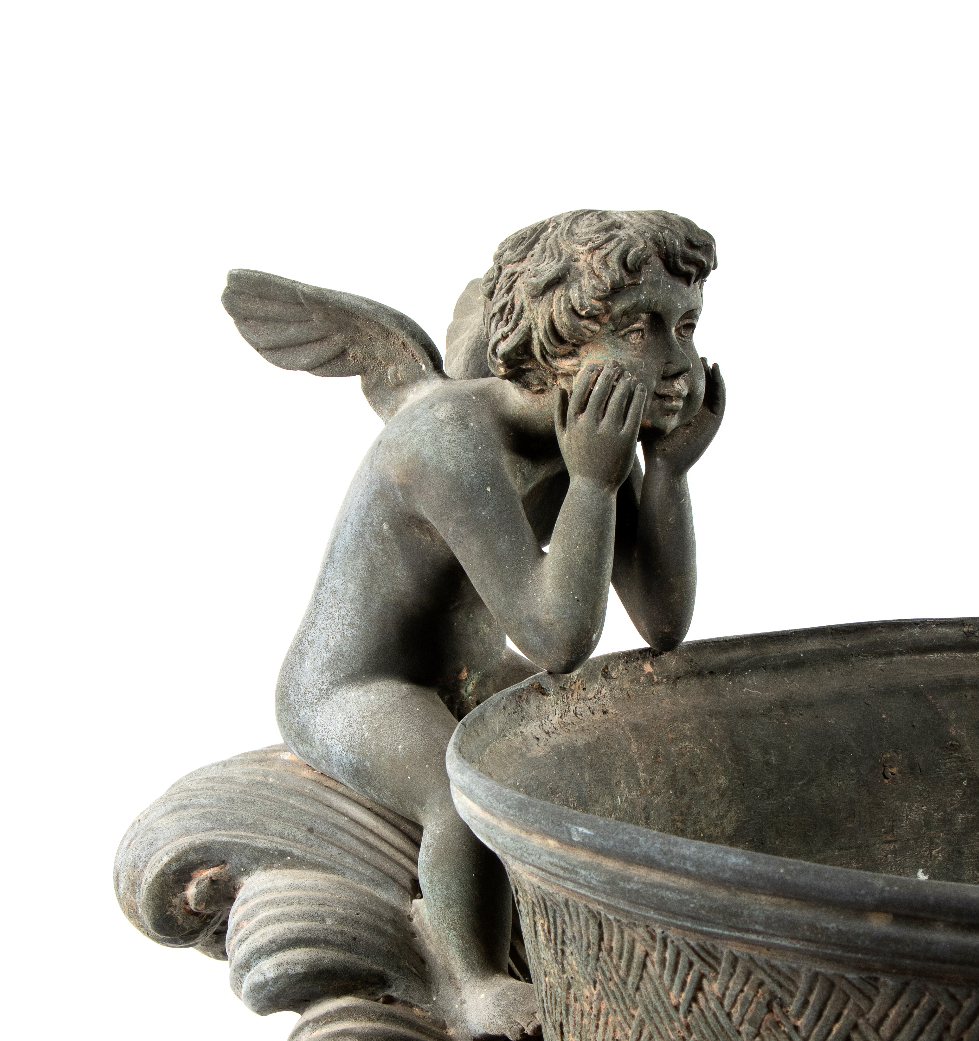 Coppia di grandi vasi bronzei con manici a guisa di leone sormontati da foglie di acanto e putti ...